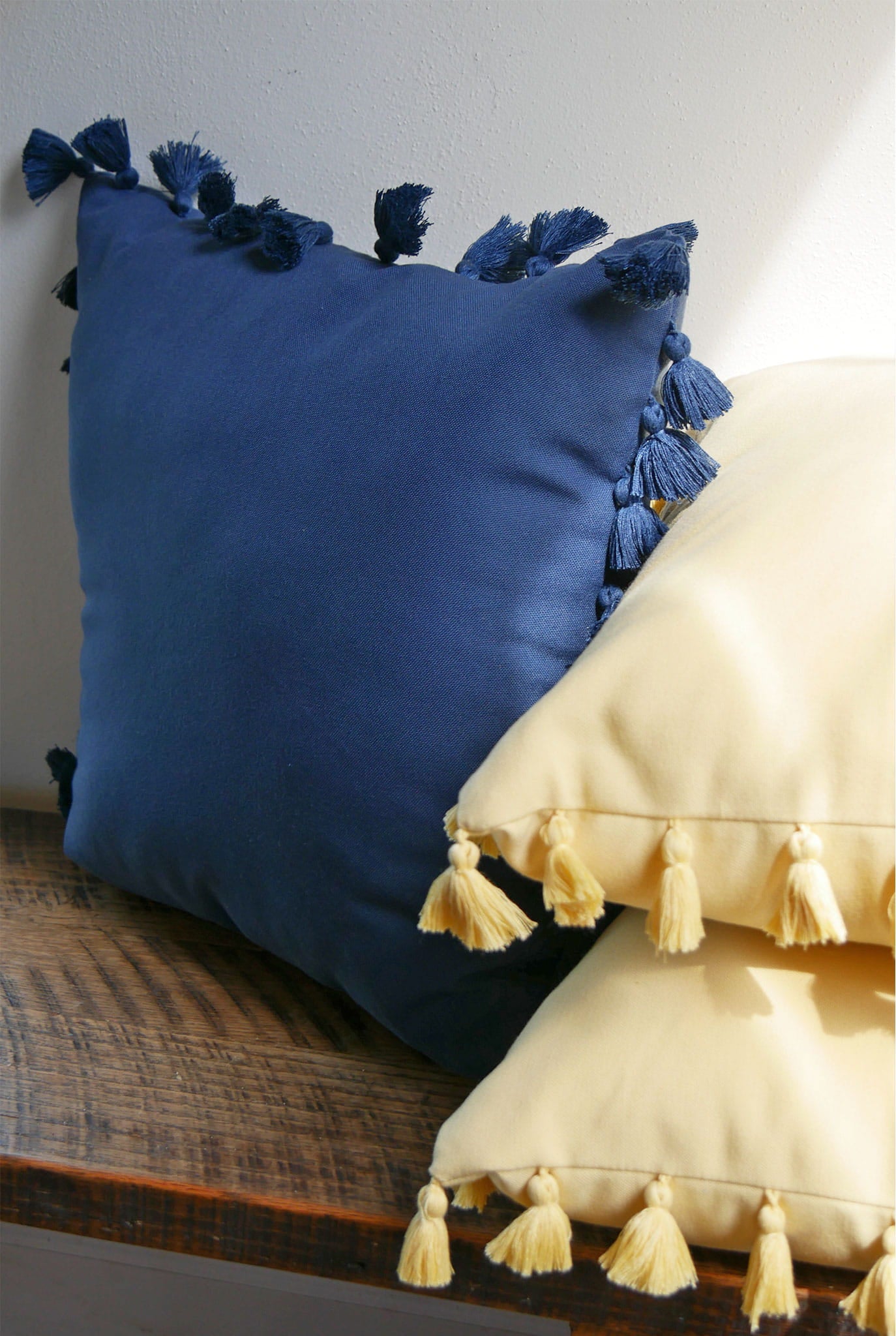 Navy Blue and Yellow Tassle Accent Pillow, Pottery Barn, Pottery Barn Accent Pillow, Navy Blue and Yellow Accent Pillows, Vintage Blue Accent Pillow, Vintage Navy Accent Pillow, Vintage Blue and Yellow Throw Pillow, Tassle Blue and Yellow Pillows