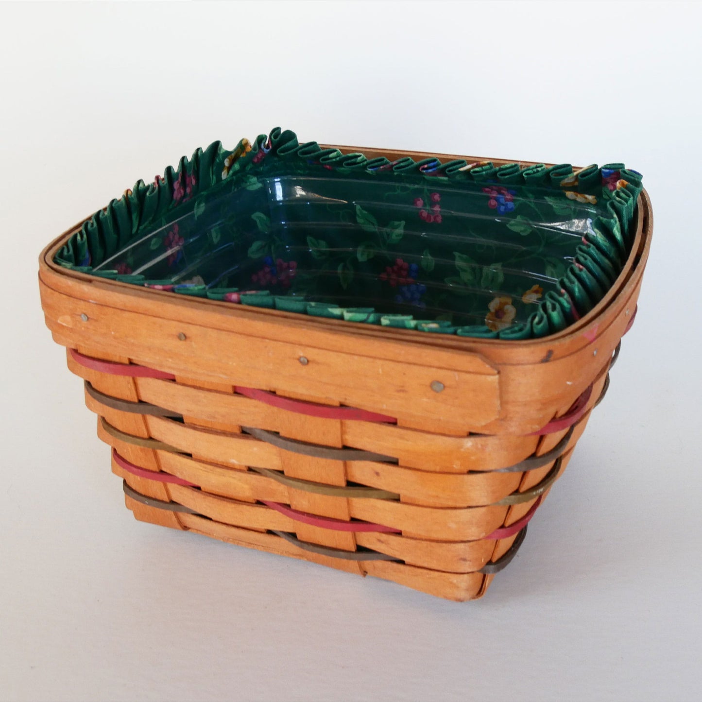 Longaberger Woven Traditions Large Berry Basket, Green Floral Liner, Vintage Longaberger Berry Basket, Vintage Longaberger Green Floral Basket, Vintage Longberger Square Basket with Liner, Vintage Wicker Basket Decor