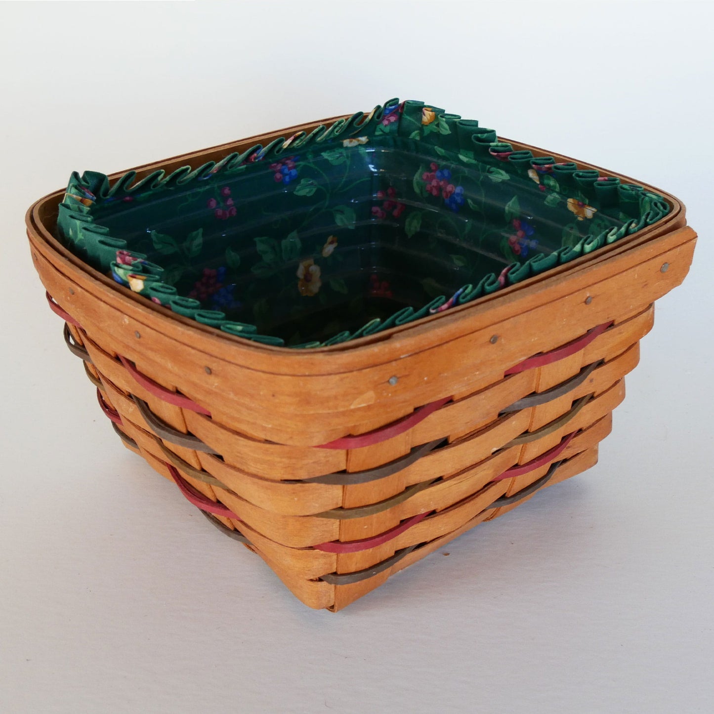 Longaberger Woven Traditions Large Berry Basket, Green Floral Liner, Vintage Longaberger Berry Basket, Vintage Longaberger Green Floral Basket, Vintage Longberger Square Basket with Liner, Vintage Wicker Basket Decor