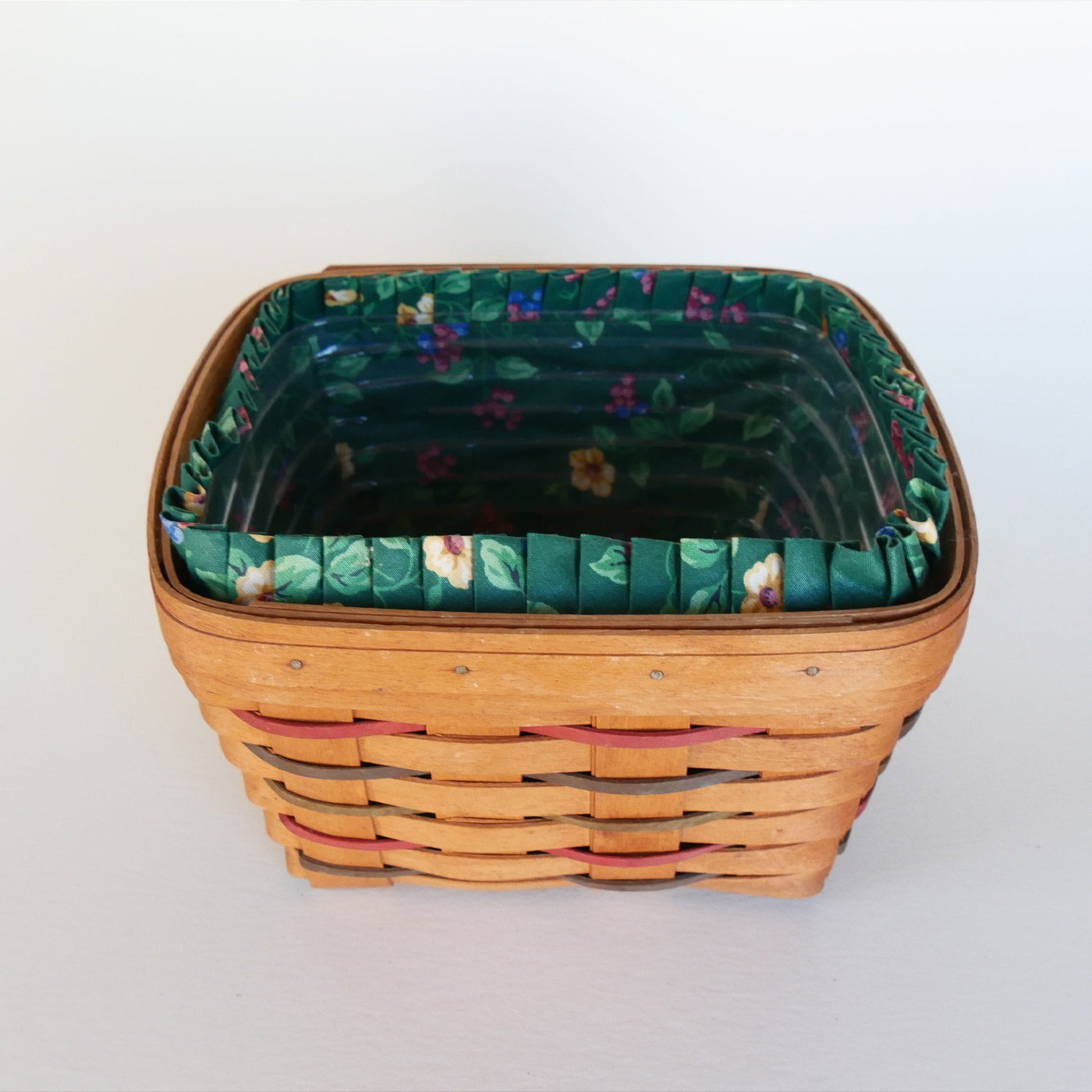 Longaberger Woven Traditions Large Berry Basket, Green Floral Liner, Vintage Longaberger Berry Basket, Vintage Longaberger Green Floral Basket, Vintage Longberger Square Basket with Liner, Vintage Wicker Basket Decor