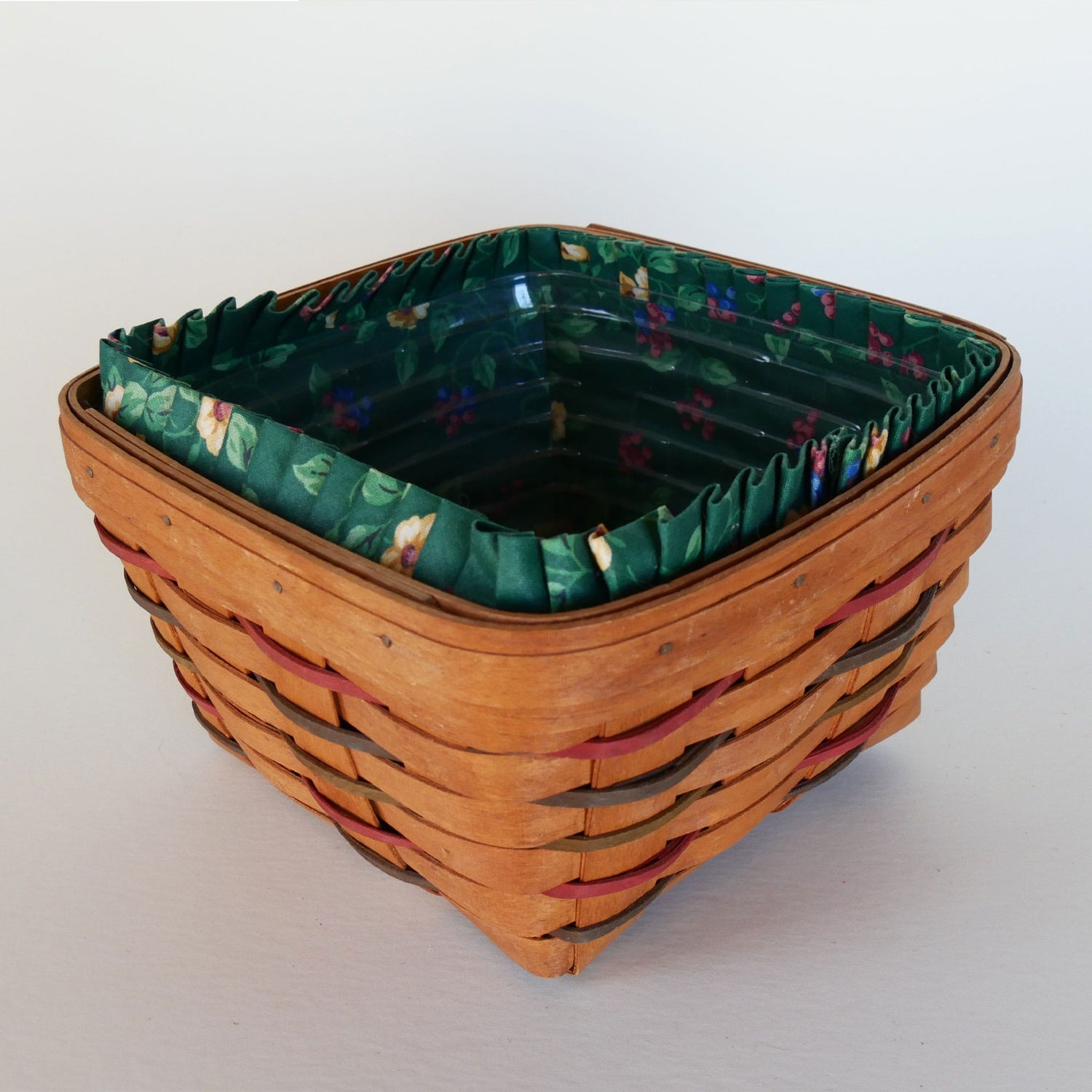 Longaberger Woven Traditions Large Berry Basket, Green Floral Liner, Vintage Longaberger Berry Basket, Vintage Longaberger Green Floral Basket, Vintage Longberger Square Basket with Liner, Vintage Wicker Basket Decor