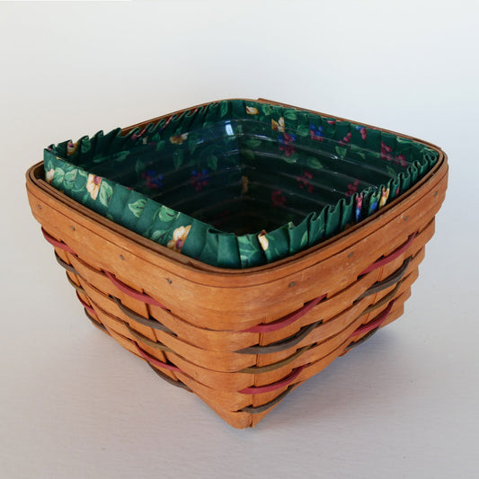 Longaberger Woven Traditions Large Berry Basket, Green Floral Liner, Vintage Longaberger Berry Basket, Vintage Longaberger Green Floral Basket, Vintage Longberger Square Basket with Liner, Vintage Wicker Basket Decor