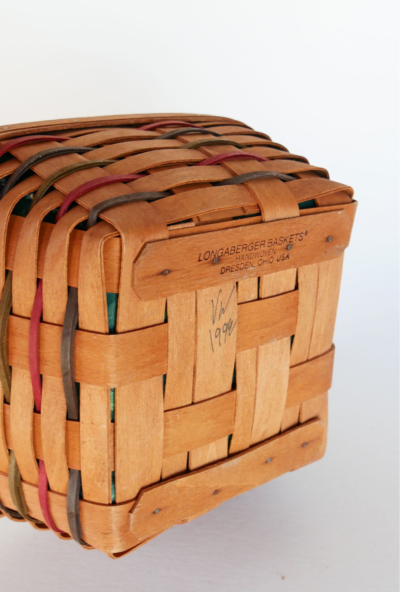 Longaberger Woven Traditions Large Berry Basket, Green Floral Liner, Vintage Longaberger Berry Basket, Vintage Longaberger Green Floral Basket, Vintage Longberger Square Basket with Liner, Vintage Wicker Basket Decor