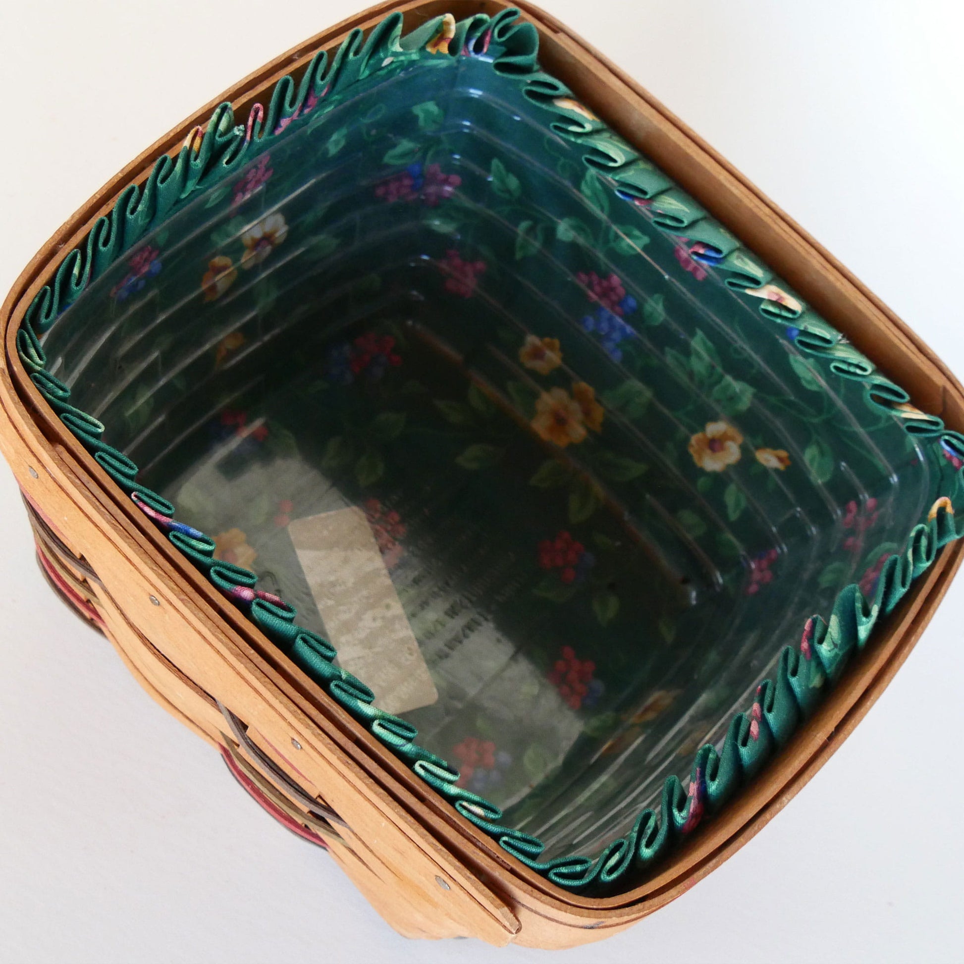 Longaberger Woven Traditions Large Berry Basket, Green Floral Liner, Vintage Longaberger Berry Basket, Vintage Longaberger Green Floral Basket, Vintage Longberger Square Basket with Liner, Vintage Wicker Basket Decor
