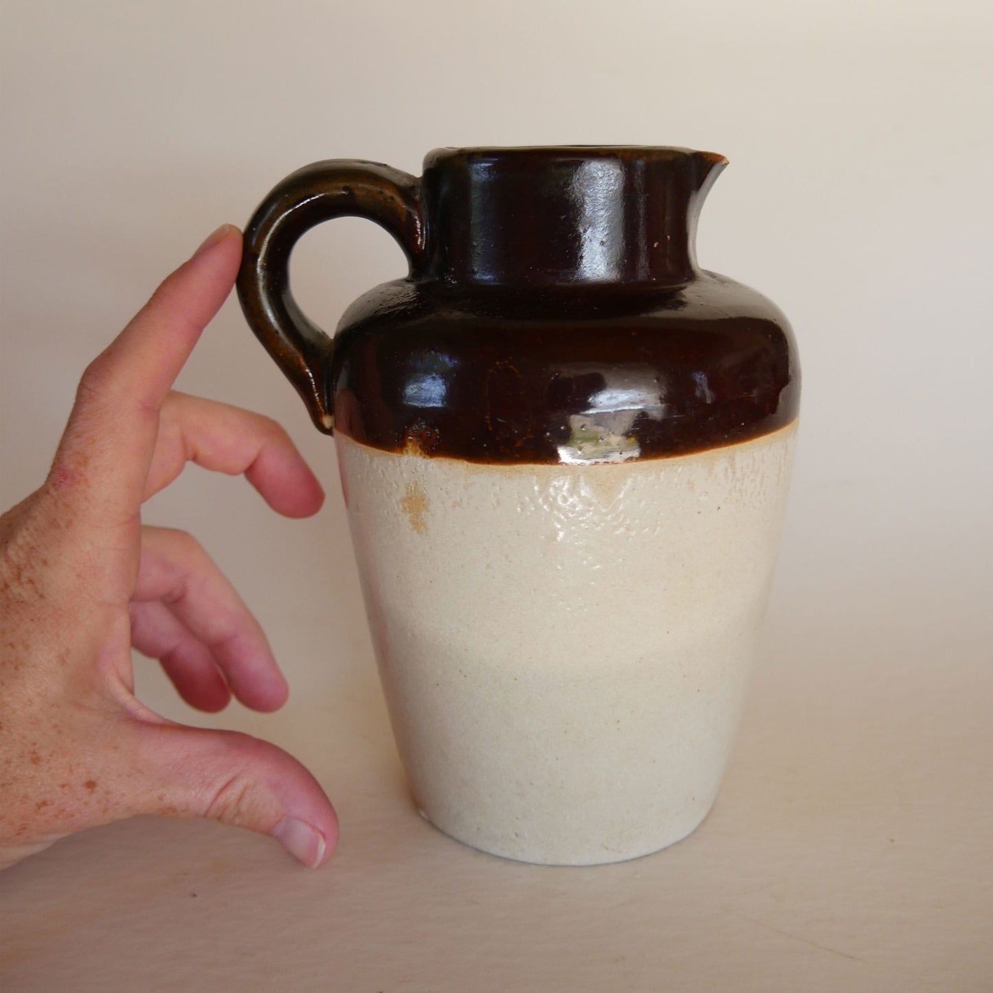 Primitive Two-Tone Stoneware Jug with Handle, Primitive Stoneware, Two Tone toneware, Vintage Stoneware Pitcher, Vintage Stoneware Jug, Primitive Jug, Primitive Pottery Jug, Primitive Two Tone Stoneware, Primitive Kitchen Decor, Farmhouse Kitchen Decor