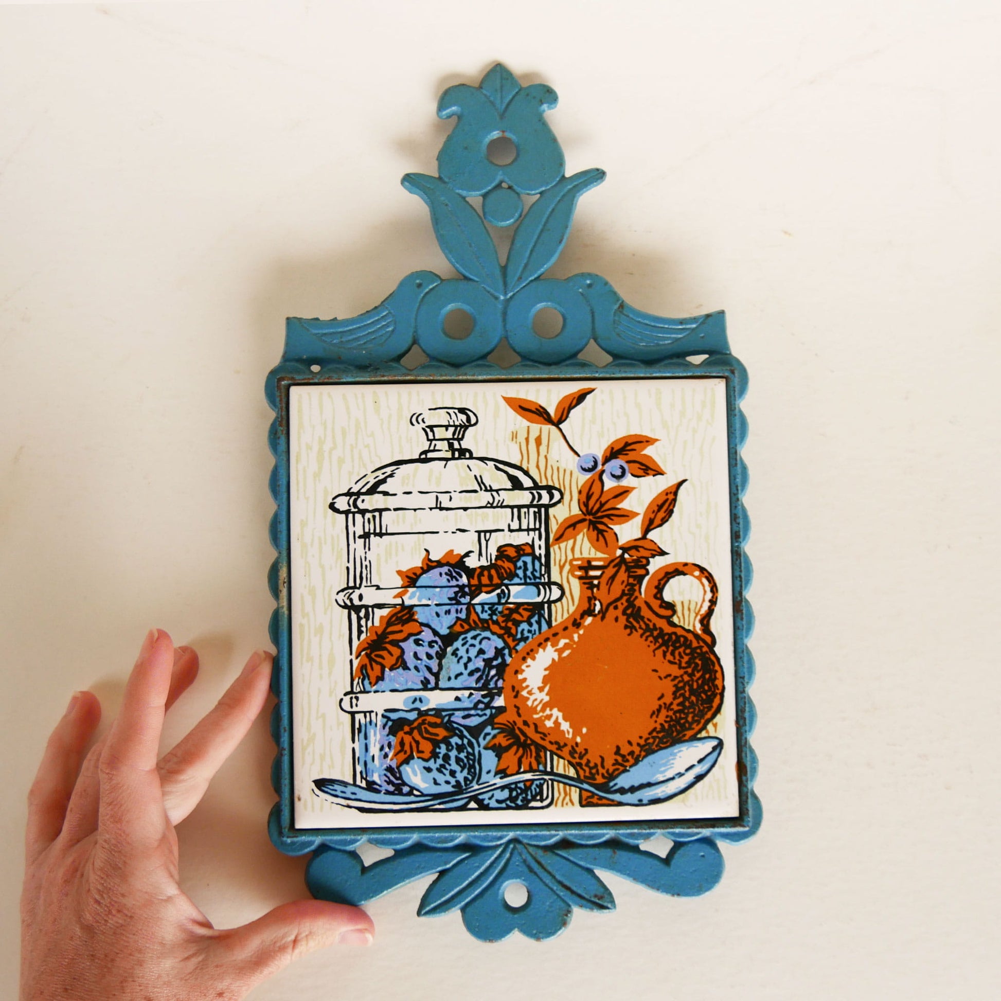 Vintage Metal Blue and Orange Tile Trivet, Vintage Farmhouse Trivet, Light Blue and Orange Trivet, Cottage Trivet, Blue and Orange Kitchen Decor