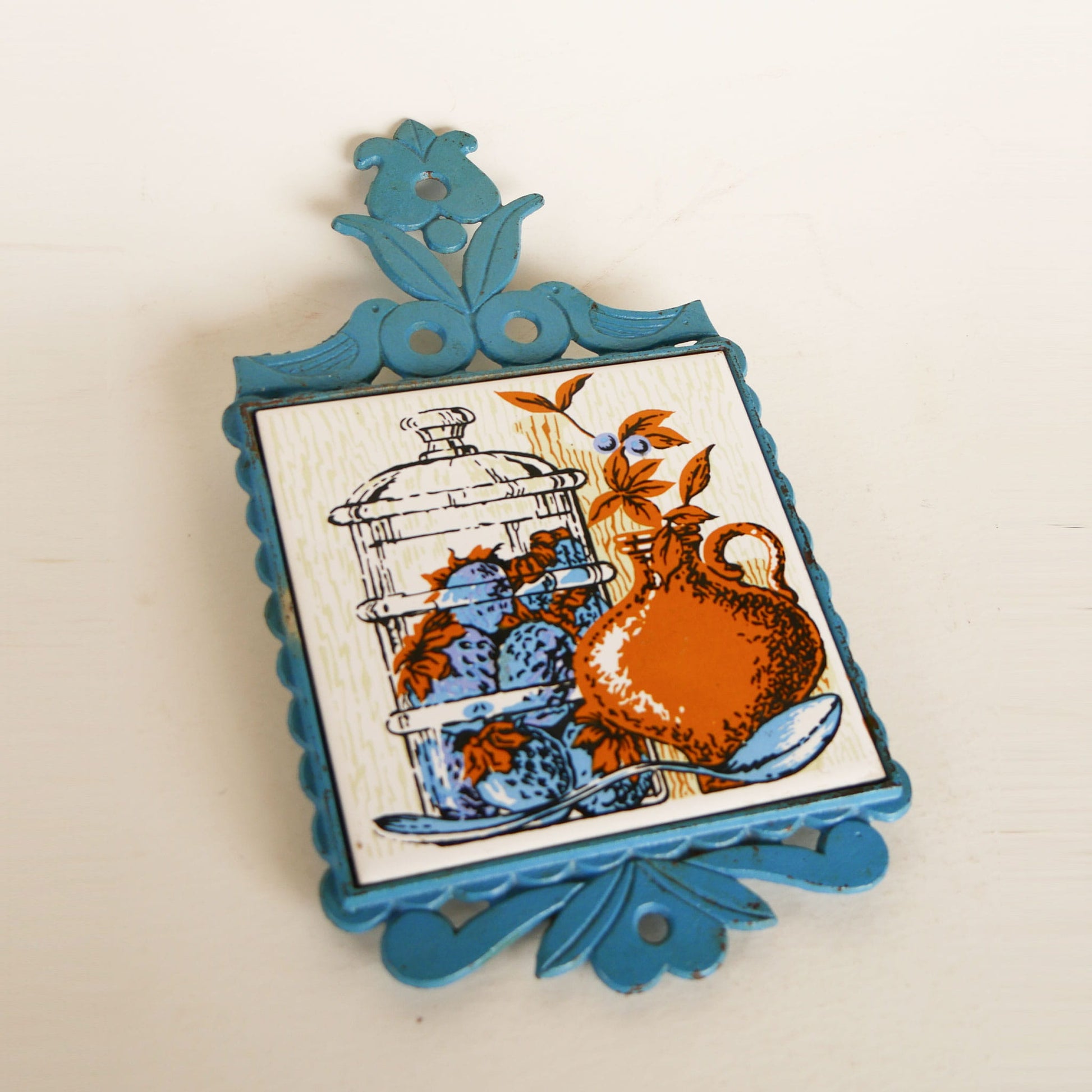 Vintage Metal Blue and Orange Tile Trivet, Vintage Farmhouse Trivet, Light Blue and Orange Trivet, Cottage Trivet, Blue and Orange Kitchen Decor