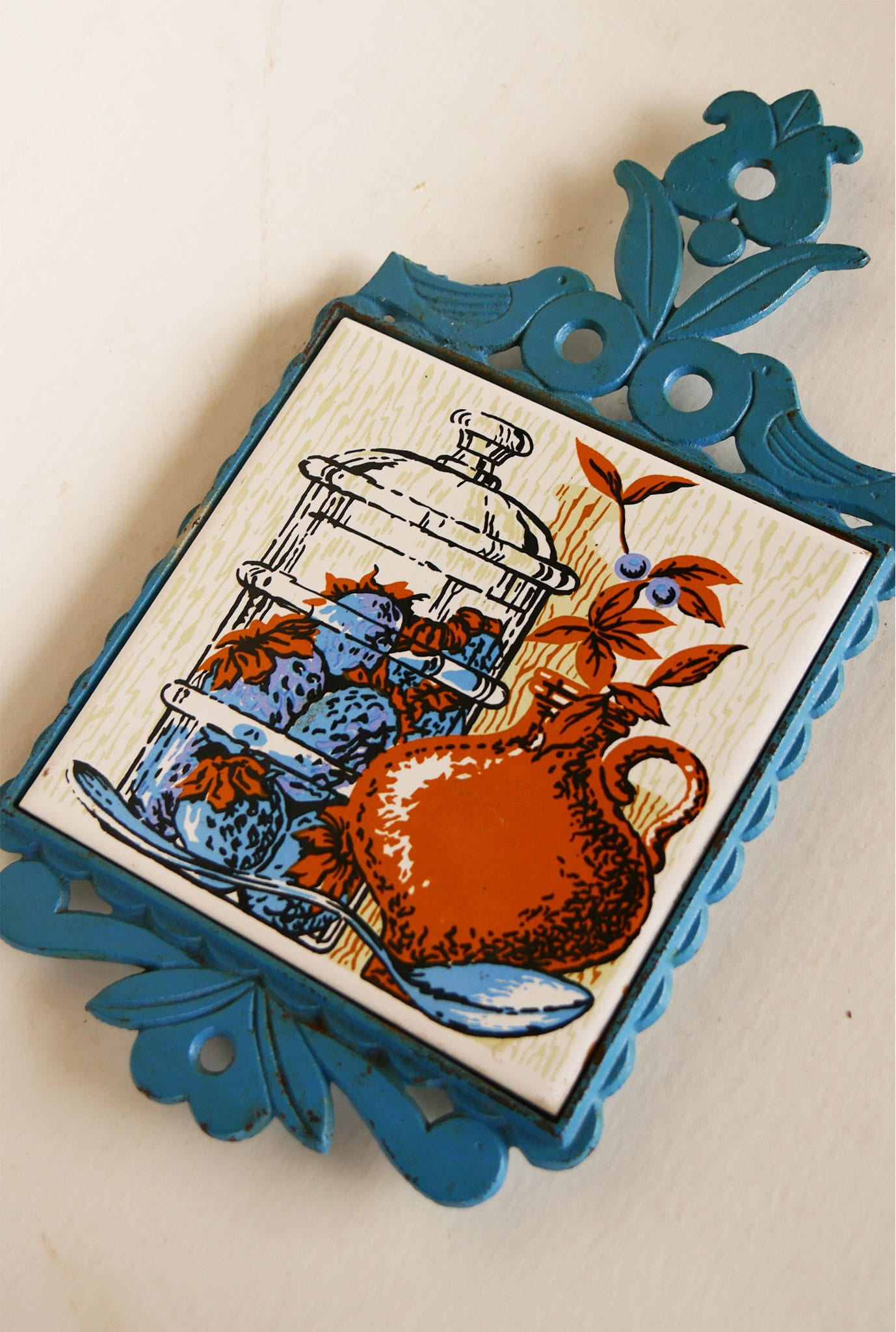 Vintage Metal Blue and Orange Tile Trivet, Vintage Farmhouse Trivet, Light Blue and Orange Trivet, Cottage Trivet, Blue and Orange Kitchen Decor