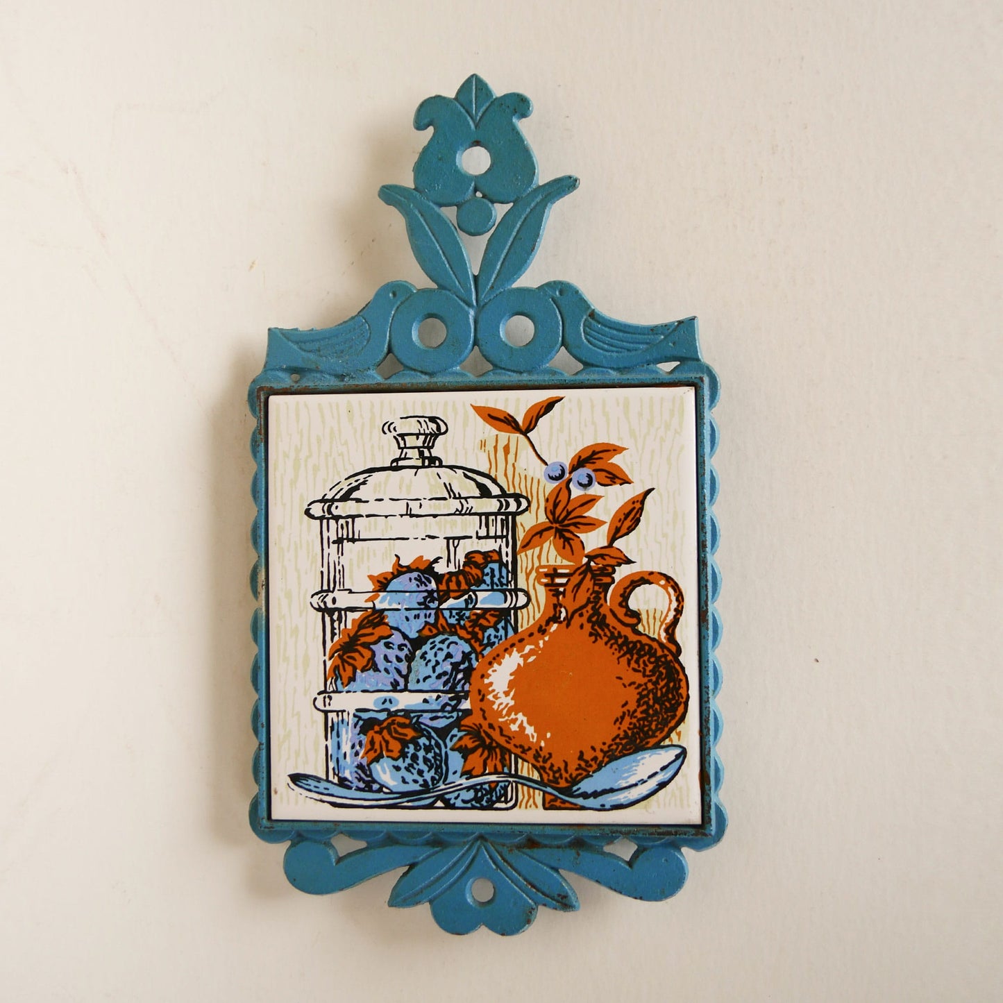 Vintage Metal Blue and Orange Tile Trivet, Vintage Farmhouse Trivet, Light Blue and Orange Trivet, Cottage Trivet, Blue and Orange Kitchen Decor