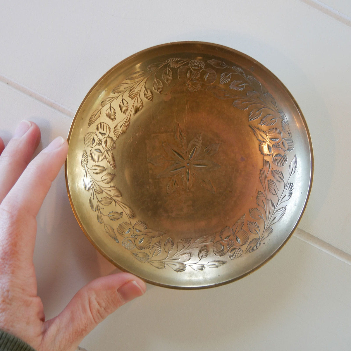 Vintage Brass Floral Etched Round Dish, Vintage Brass Decor, Vintage Brass Decor, Brass Etched Decor, Floral Etched Brass Dish
