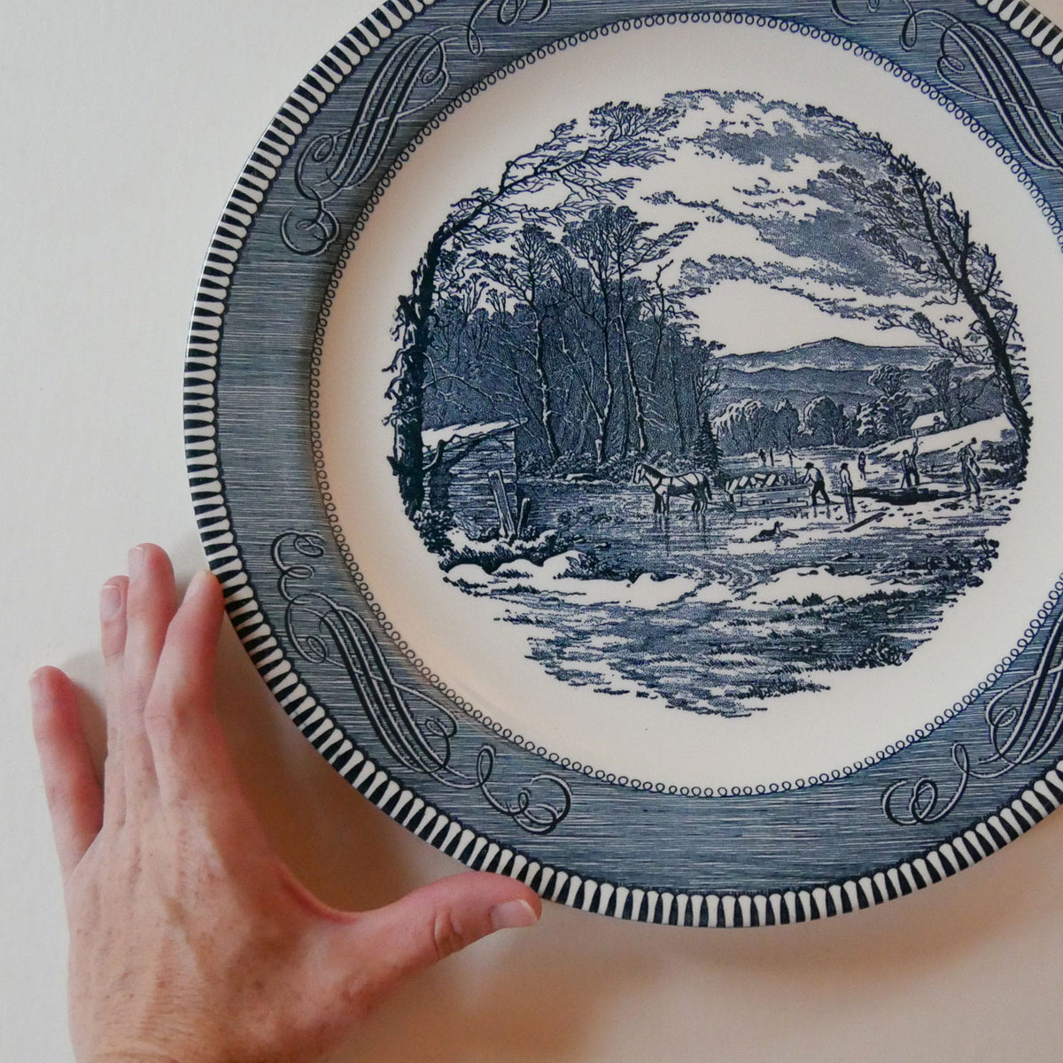 Vintage Currier & Ives Blue Transferware 12in Platter, Vintage Currier and Ives Decor, Vintage Blue White Plate Wall, Vintage Primitive Blue Plate, VIntage Country Plate Wall, Farmhouse Plate wall, Cottage Plate Wall, Vintage Plate Wall