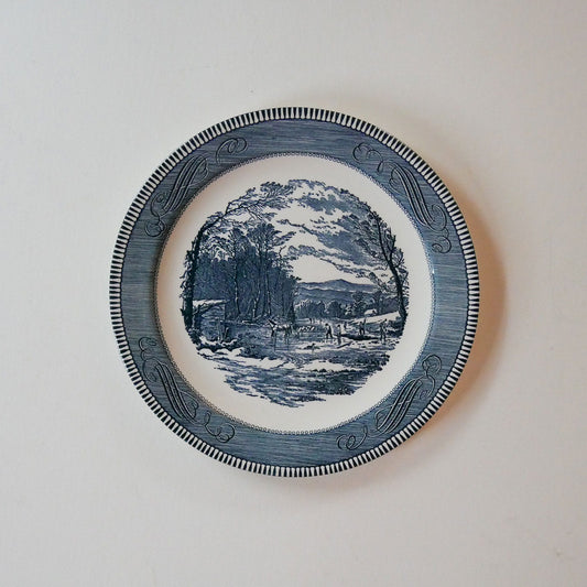 Vintage Currier & Ives Blue Transferware 12in Platter, Vintage Currier and Ives Decor, Vintage Blue White Plate Wall, Vintage Primitive Blue Plate, VIntage Country Plate Wall, Farmhouse Plate wall, Cottage Plate Wall, Vintage Plate Wall