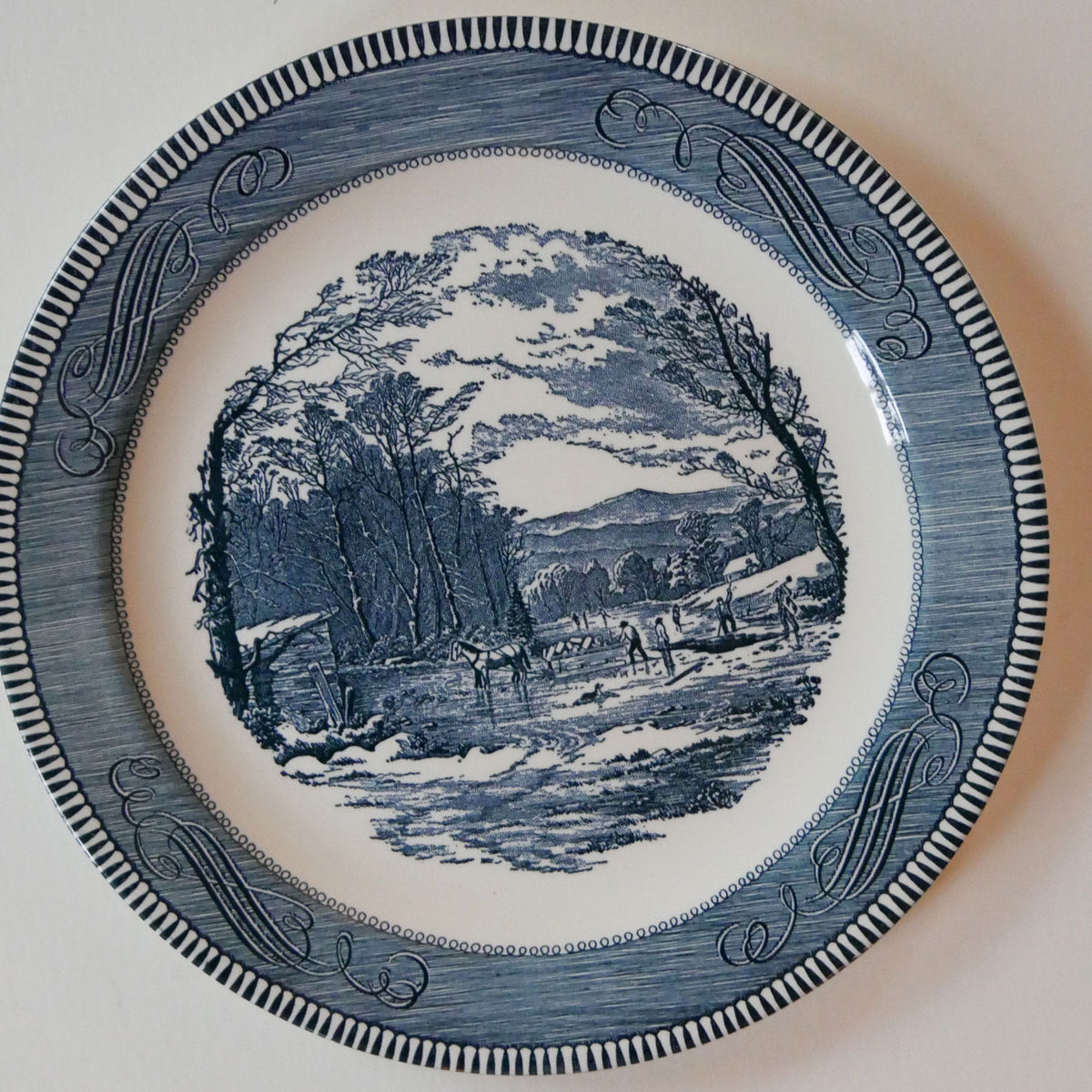 Vintage Currier & Ives Blue Transferware 12in Platter, Vintage Currier and Ives Decor, Vintage Blue White Plate Wall, Vintage Primitive Blue Plate, VIntage Country Plate Wall, Farmhouse Plate wall, Cottage Plate Wall, Vintage Plate Wall