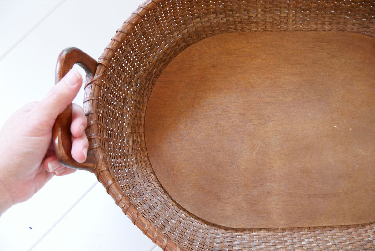 Vintage Brown Basket Tray with Handles, Cottacore Basket Decor, Vintage Basket Decor, Vintage Cottage Basket Tray, Vintage Farmhose Basket Tray, Brown Basket Tray and Handles