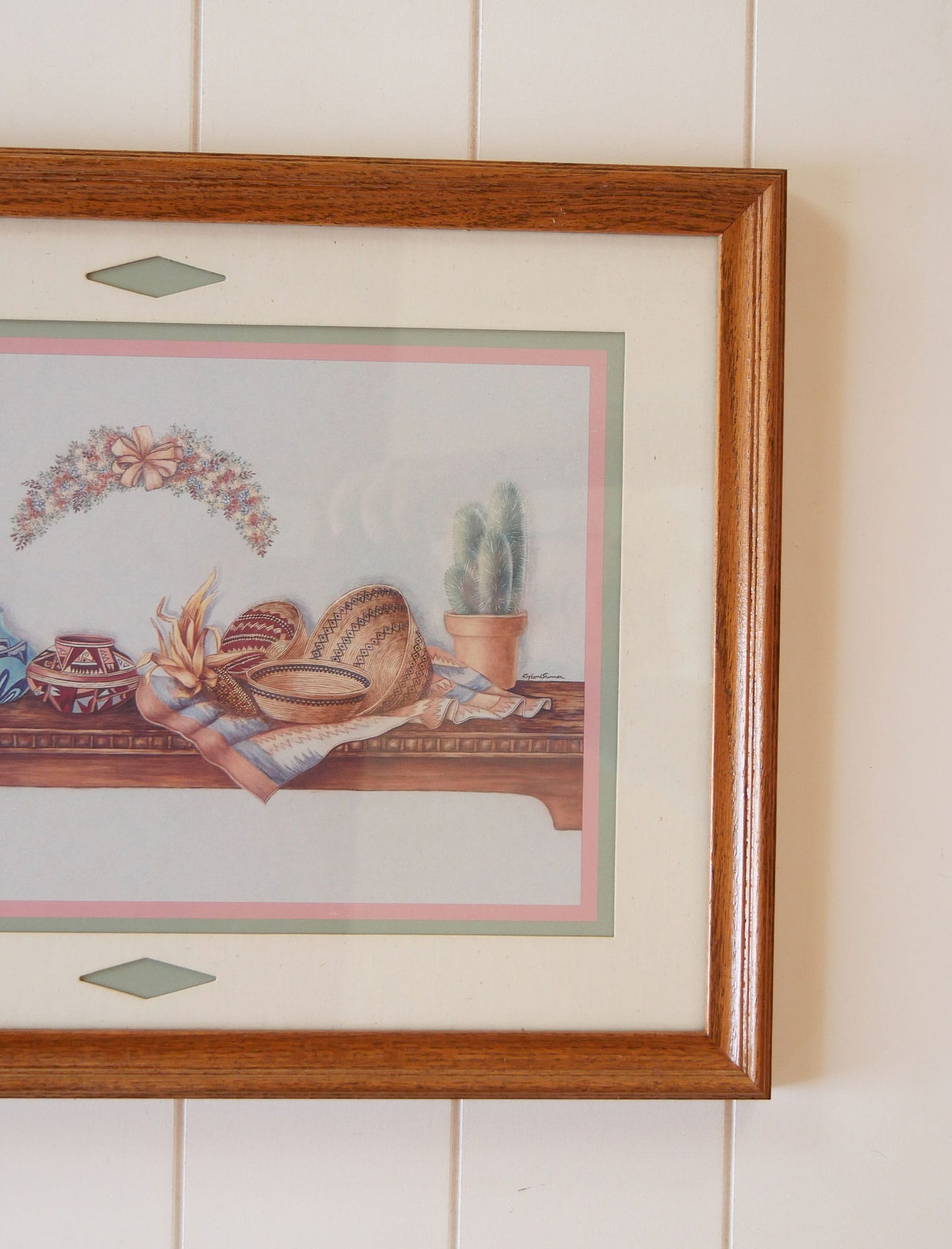 Vintage Oak Framed Southwestern Basket Print, Framed Southwestern Print, Vintage Southwestern Artwork, Vintage Southwestern Print, Vintage Southwestern Basket Decor