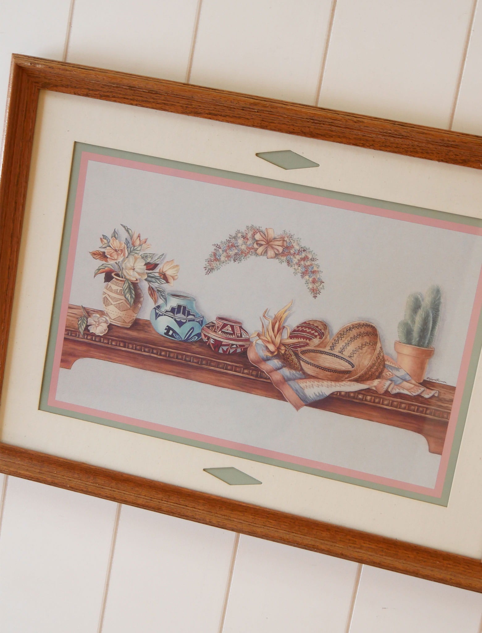Vintage Oak Framed Southwestern Basket Print, Framed Southwestern Print, Vintage Southwestern Artwork, Vintage Southwestern Print, Vintage Southwestern Basket Decor