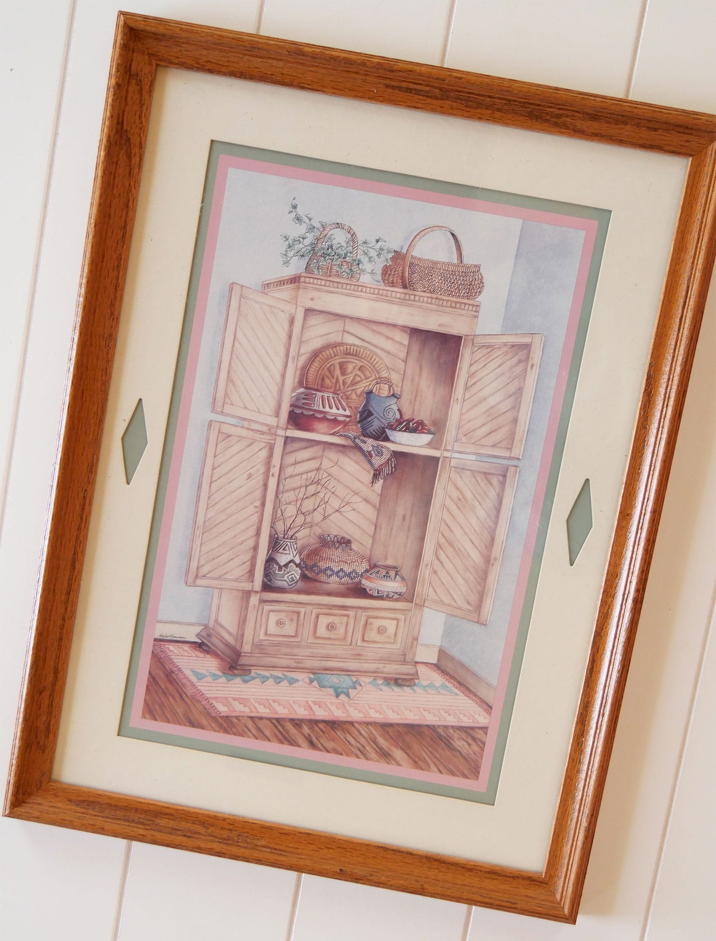 Vintage Oak Framed Southwestern Basket Print, Framed Southwestern Print, Vintage Southwestern Artwork, Vintage Southwestern Print, Vintage Southwestern Basket Decor