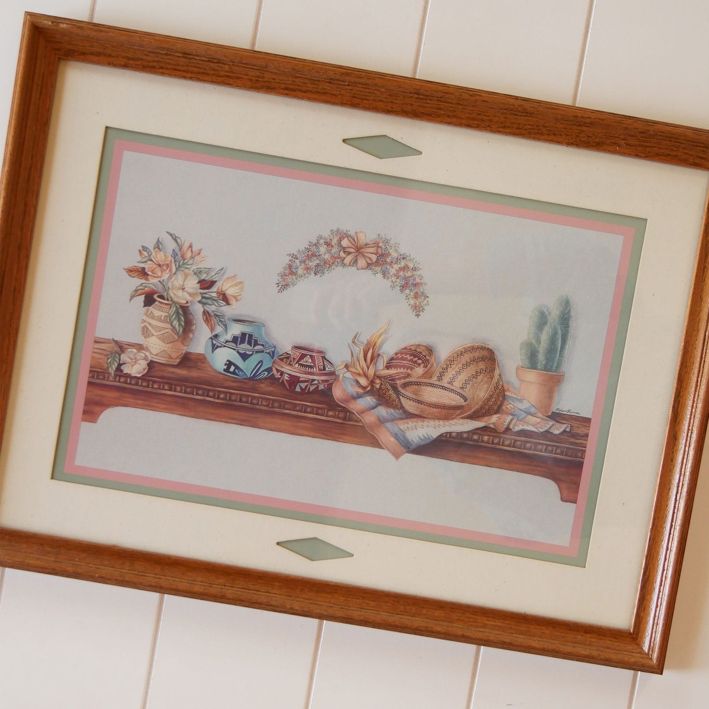 Vintage Oak Framed Southwestern Basket Print, Framed Southwestern Print, Vintage Southwestern Artwork, Vintage Southwestern Print, Vintage Southwestern Basket Decor