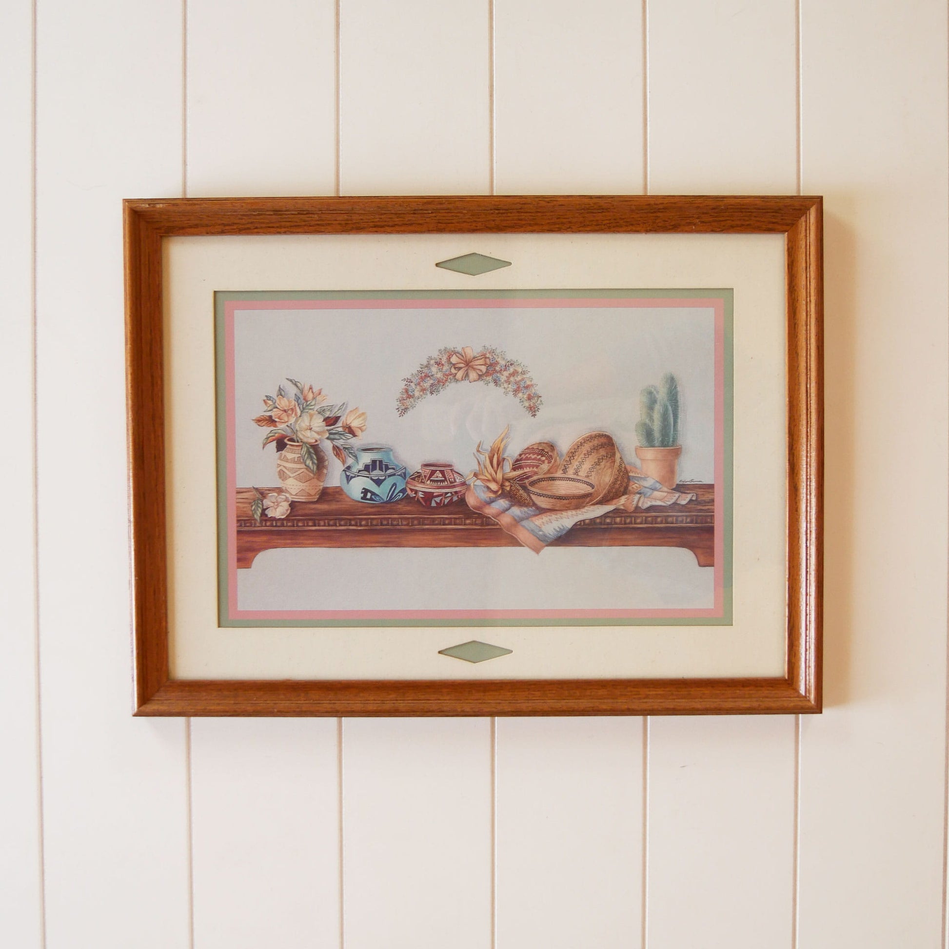 Vintage Oak Framed Southwestern Basket Print, Framed Southwestern Print, Vintage Southwestern Artwork, Vintage Southwestern Print, Vintage Southwestern Basket Decor