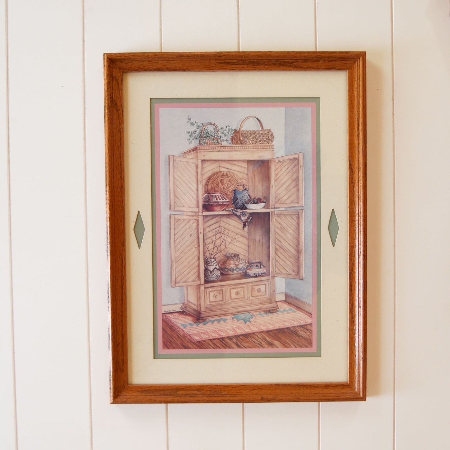 Vintage Oak Framed Southwestern Basket Print, Framed Southwestern Print, Vintage Southwestern Artwork, Vintage Southwestern Print, Vintage Southwestern Basket Decor