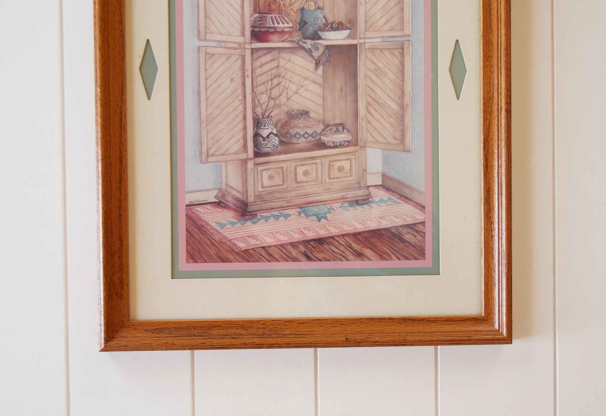 Vintage Oak Framed Southwestern Basket Print, Framed Southwestern Print, Vintage Southwestern Artwork, Vintage Southwestern Print, Vintage Southwestern Basket Decor