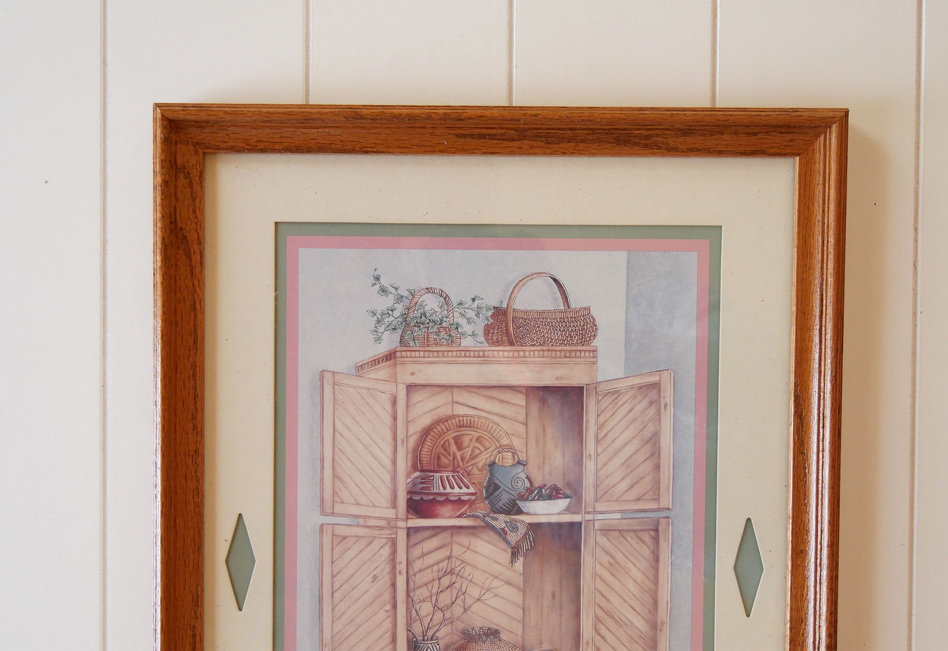 Vintage Oak Framed Southwestern Basket Print, Framed Southwestern Print, Vintage Southwestern Artwork, Vintage Southwestern Print, Vintage Southwestern Basket Decor
