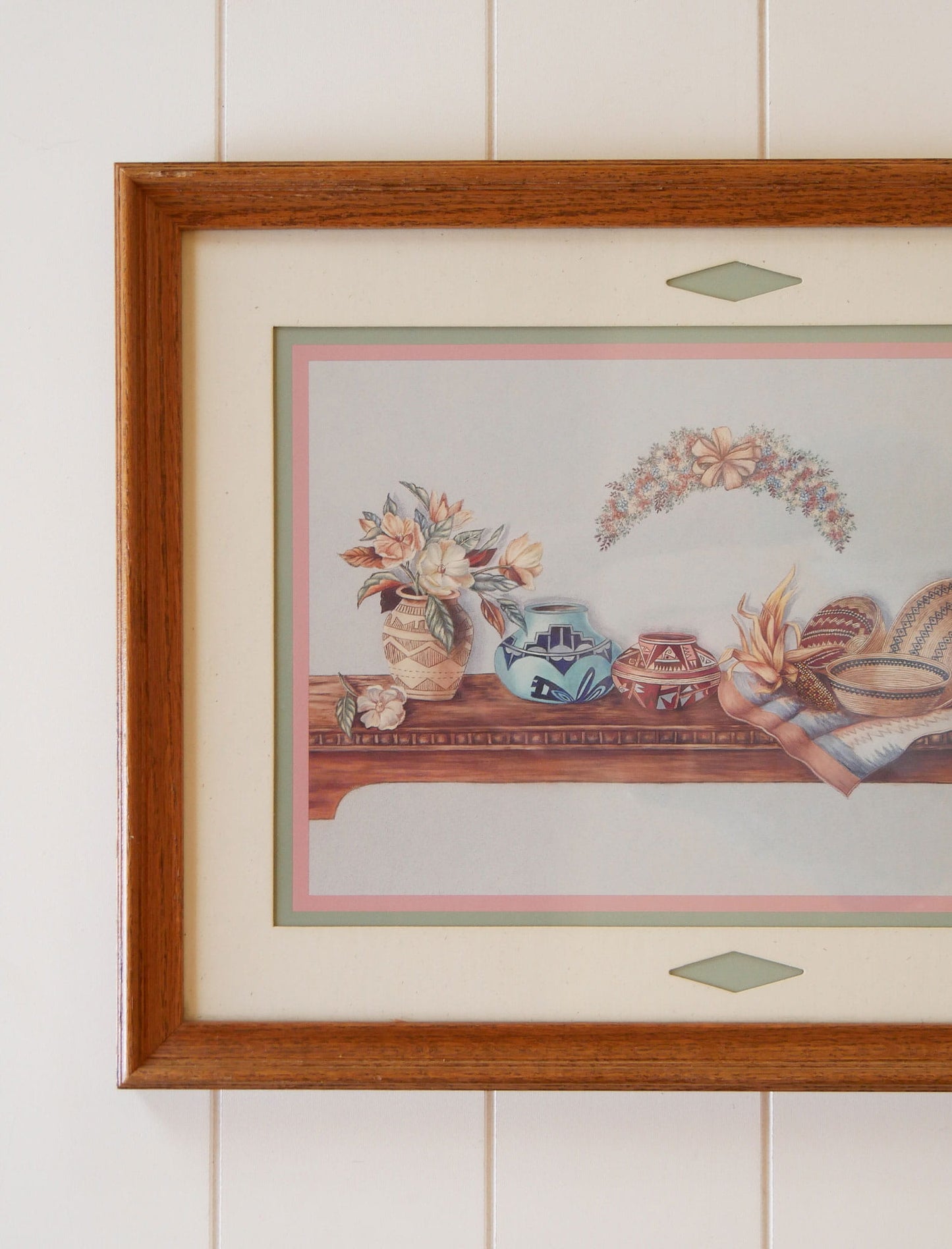 Vintage Oak Framed Southwestern Basket Print, Framed Southwestern Print, Vintage Southwestern Artwork, Vintage Southwestern Print, Vintage Southwestern Basket Decor