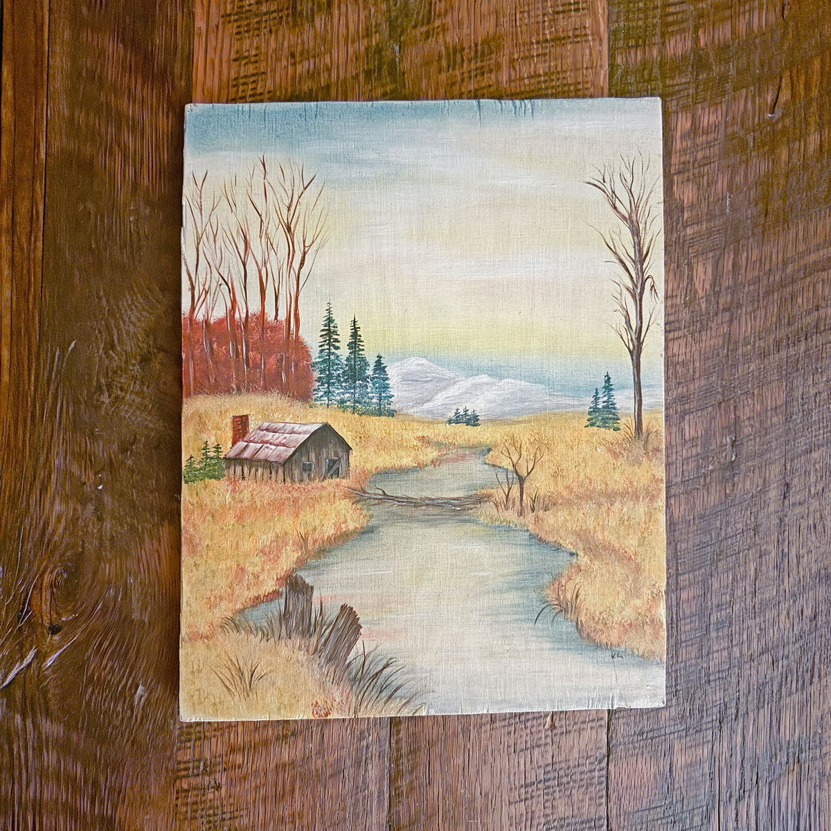 Hand Painted Barn Scene on Wood, 11in x 14in, Handpainted Barn on Wood, Vintage Barn Scene on Wood, Vintage Farmhouse Scene Artwork, VIntage Painting on Wood Barn