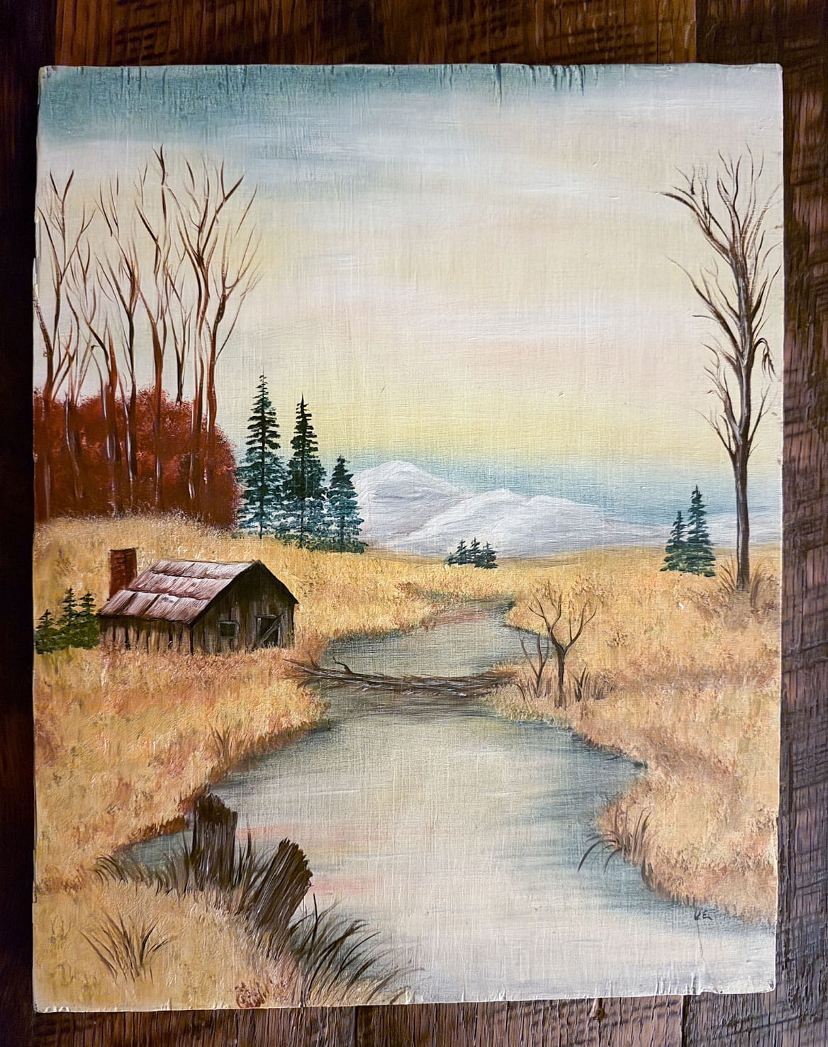 Hand Painted Barn Scene on Wood, 11in x 14in, Handpainted Barn on Wood, Vintage Barn Scene on Wood, Vintage Farmhouse Scene Artwork, VIntage Painting on Wood Barn