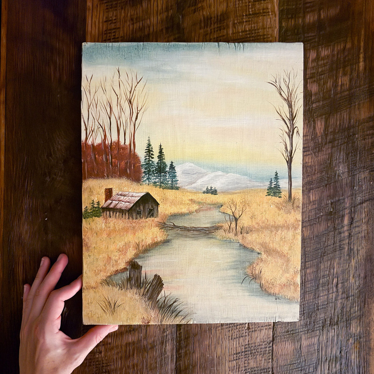 Hand Painted Barn Scene on Wood, 11in x 14in, Handpainted Barn on Wood, Vintage Barn Scene on Wood, Vintage Farmhouse Scene Artwork, VIntage Painting on Wood Barn