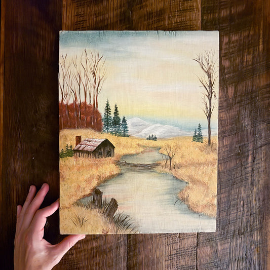 Hand Painted Barn Scene on Wood, 11in x 14in, Handpainted Barn on Wood, Vintage Barn Scene on Wood, Vintage Farmhouse Scene Artwork, VIntage Painting on Wood Barn