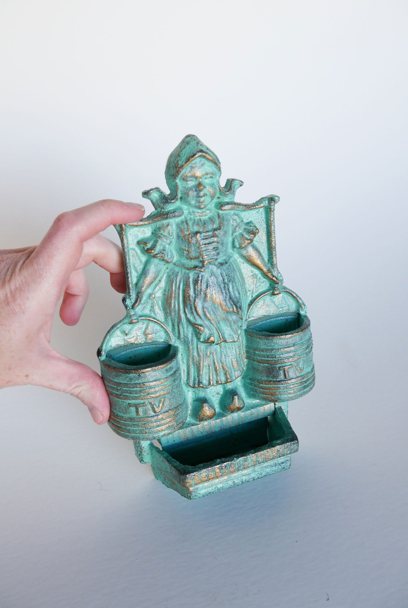 Vintage Turquoise Cast Iron Dutch Girl Matchstick Holder, Iron Dutch Wall Pocket, Vintage Dutch Decor, Vintage Folk Decor, Vintage Folk Wall Decor, Vintage Cast Iron Matchstick Holder, Vintage Folk Decor, Vintage Home Decor