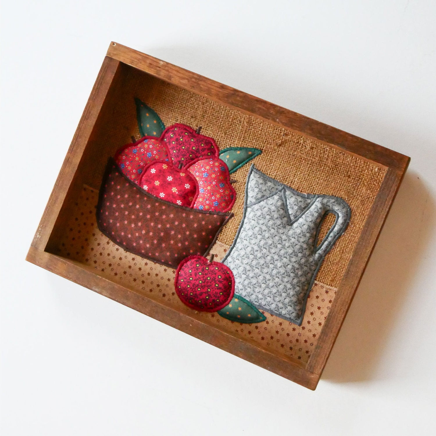 Valorie's Folk Art Appliqué Quilted Fabric Framed Wall Art, Vintage Quilted Wall Decor, Vintage Quilt Decor, Apple Quilted Wall Art, Vintage Wall Decor