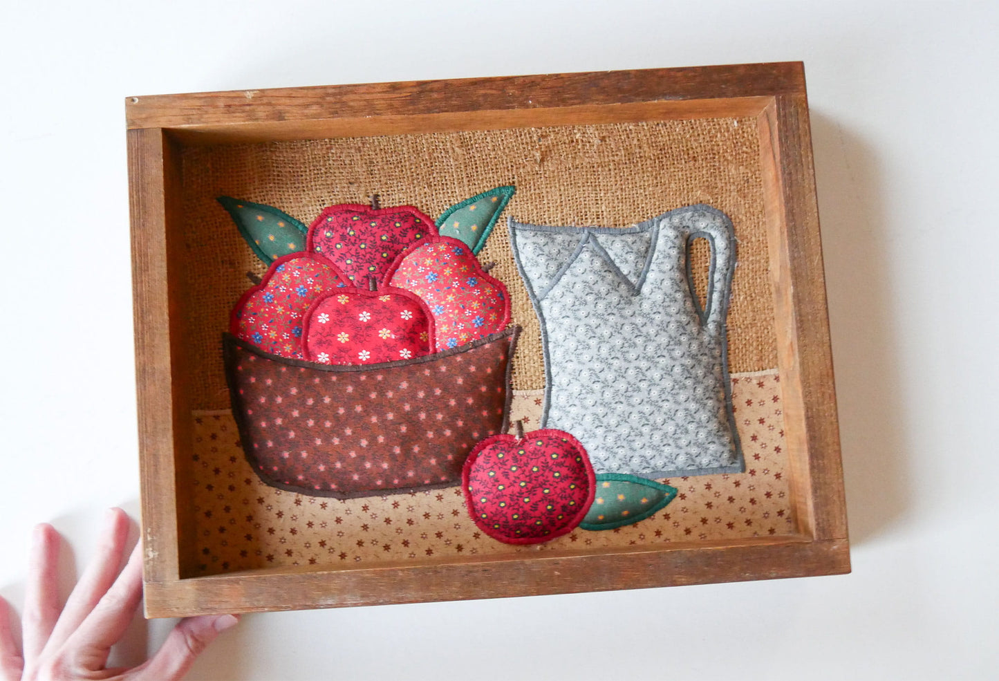 Valorie's Folk Art Appliqué Quilted Fabric Framed Wall Art, Vintage Quilted Wall Decor, Vintage Quilt Decor, Apple Quilted Wall Art, Vintage Wall Decor