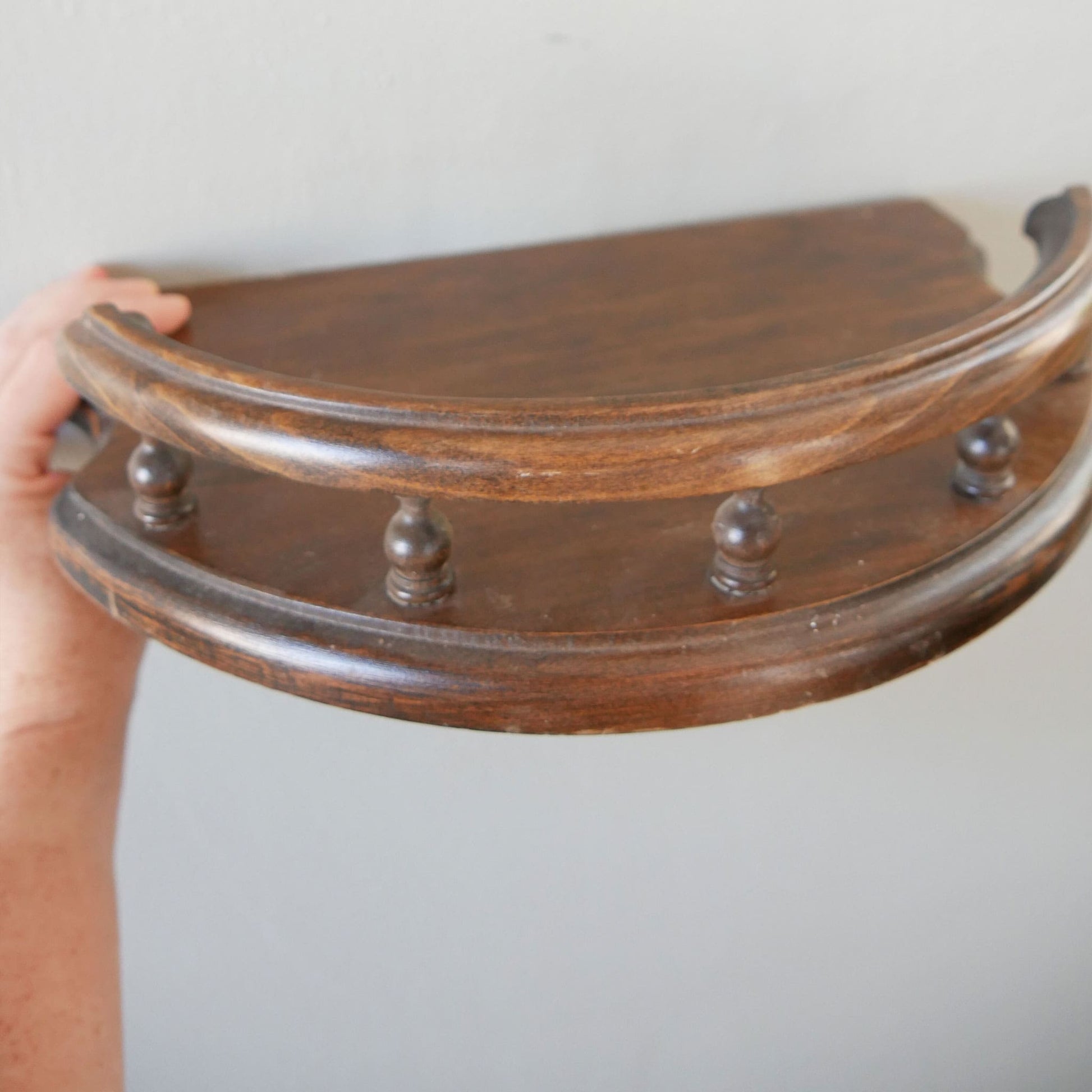 Vintage Wood Curio Shelf, Half Moon Spindle Rail Wall Shelf, Vintage Curio Shelf