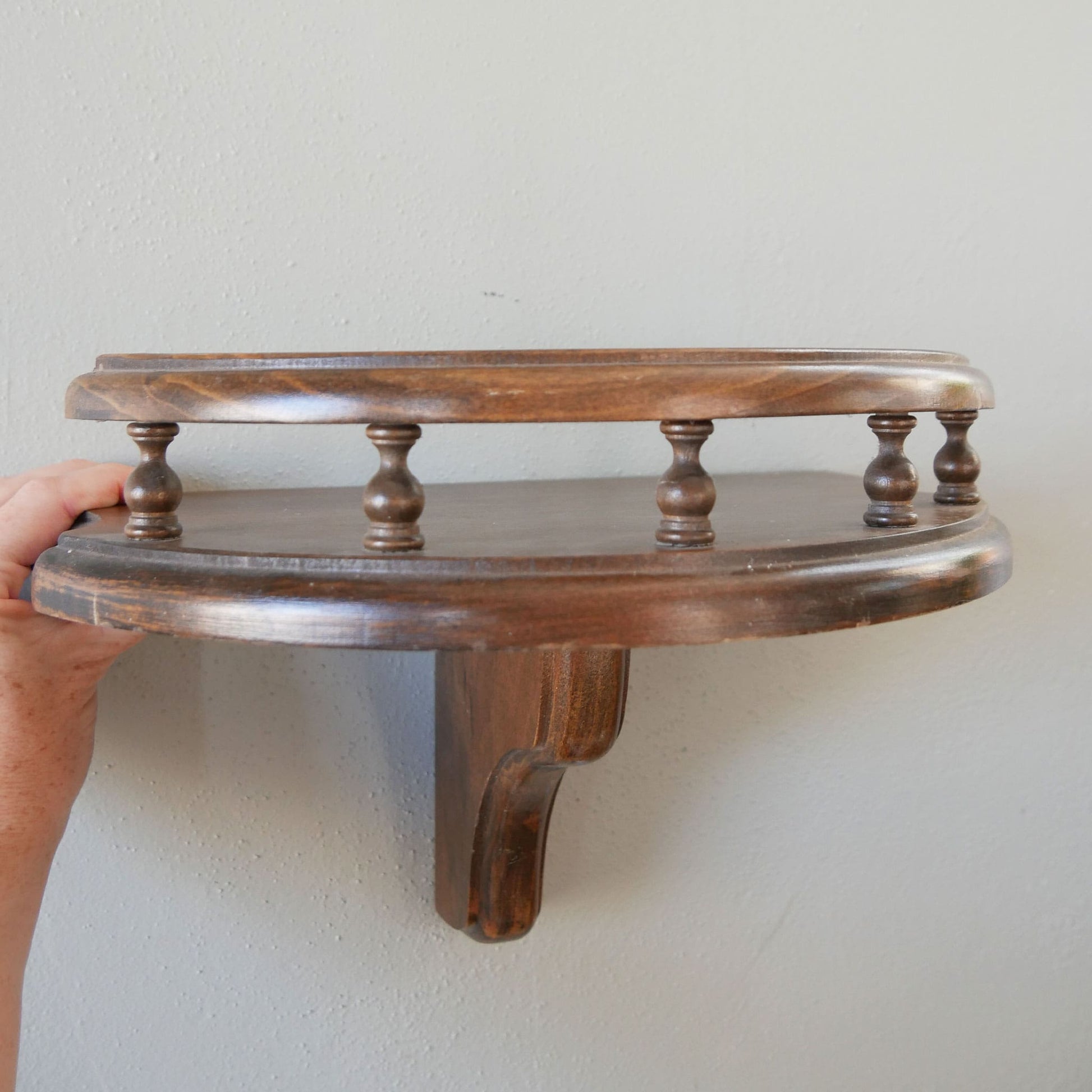 Vintage Wood Curio Shelf, Half Moon Spindle Rail Wall Shelf, Vintage Curio Shelf