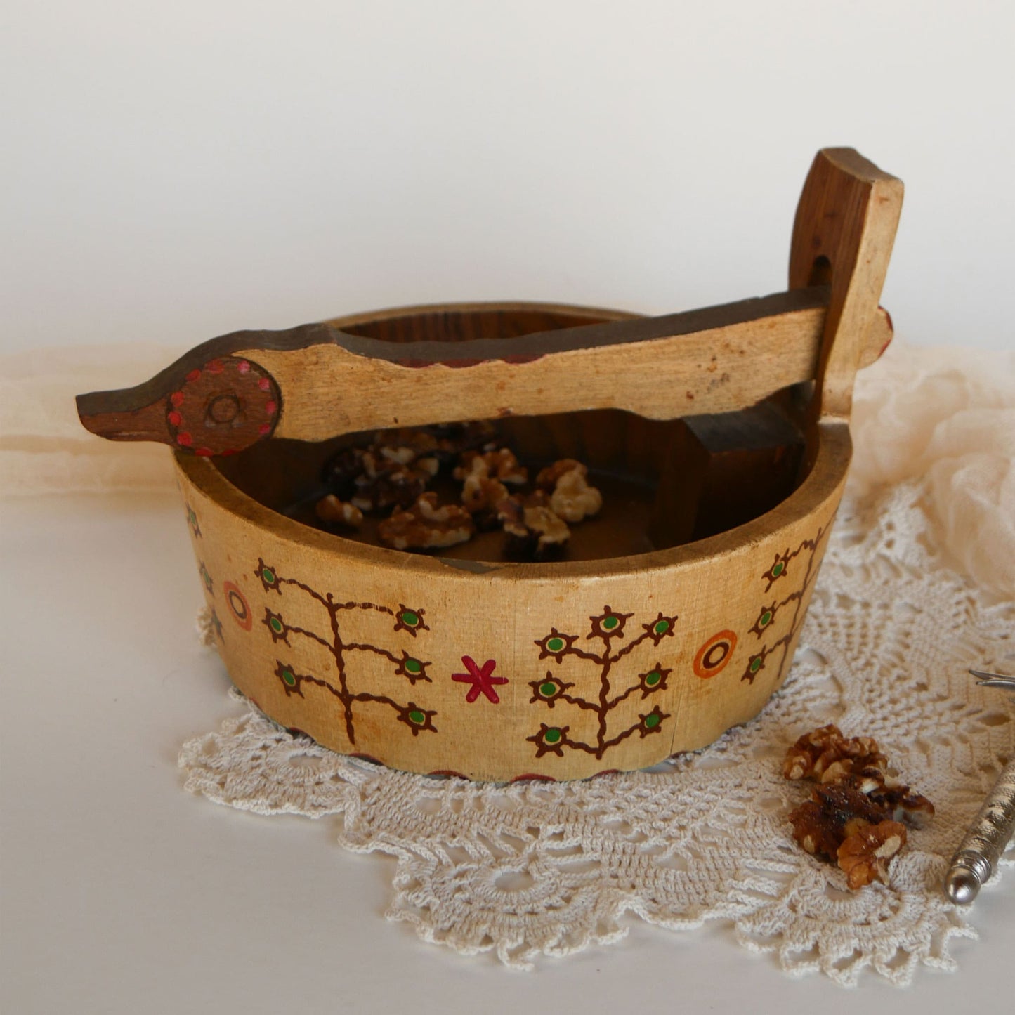 Vintage ANRI Folk Art Nut Bowl with Nutcracker Utensils, Vintage Folk Art Decor, Vintage Nut Bowl, ANRI Wood Decor, Vintage Whimsical Decor