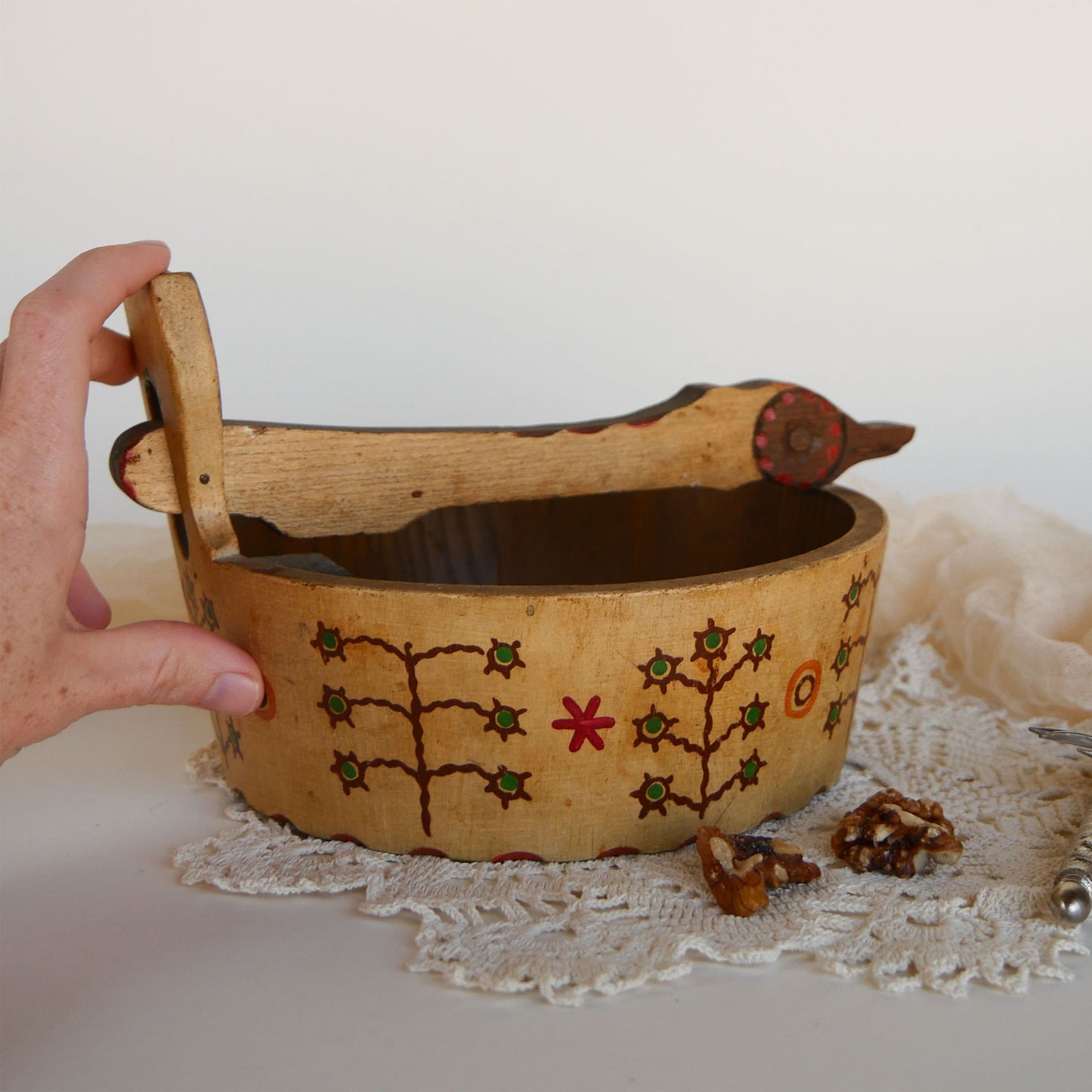 Vintage ANRI Folk Art Nut Bowl with Nutcracker Utensils, Vintage Folk Art Decor, Vintage Nut Bowl, ANRI Wood Decor, Vintage Whimsical Decor