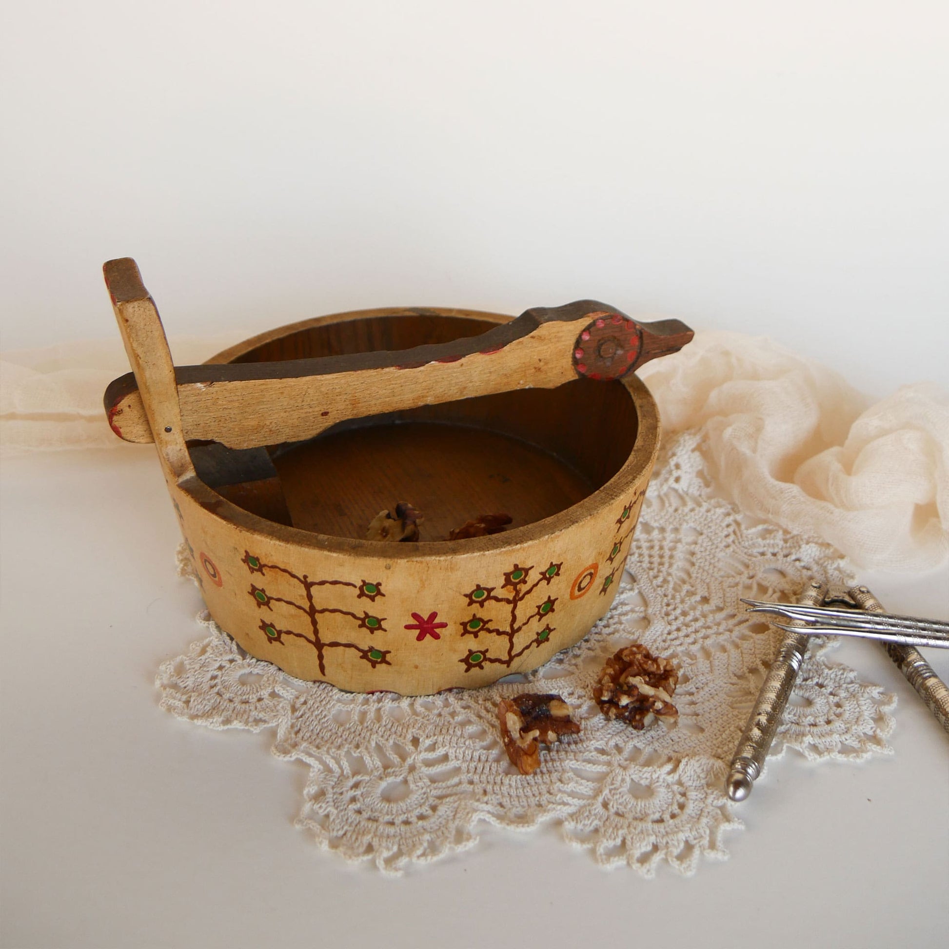 Vintage ANRI Folk Art Nut Bowl with Nutcracker Utensils, Vintage Folk Art Decor, Vintage Nut Bowl, ANRI Wood Decor, Vintage Whimsical Decor