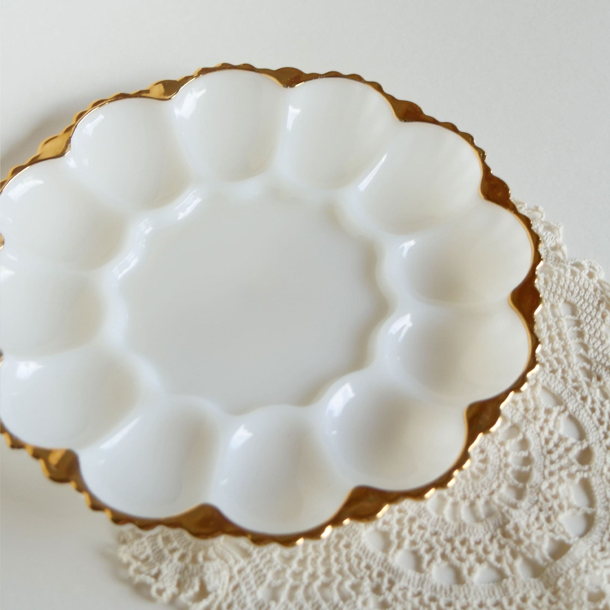 Vintage Fire King Anchor Hocking Deviled Egg Glassware with Scalloped Gold Rim Vintage Anchor HOcking Egg Tray, Vintage White and Gold Deviled Egg Plate