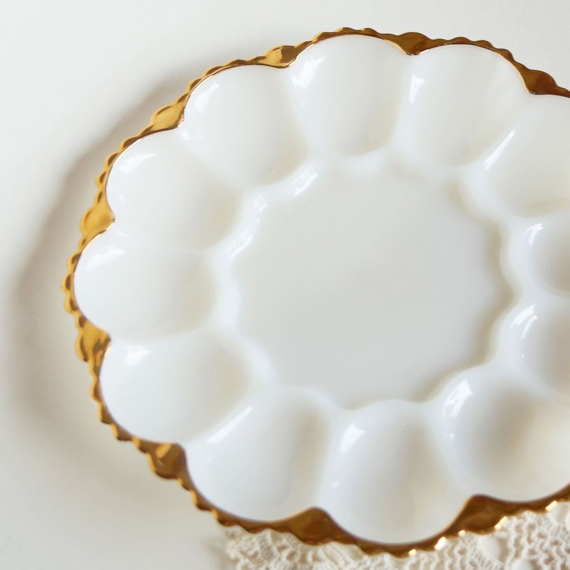 Vintage Fire King Anchor Hocking Deviled Egg Glassware with Scalloped Gold Rim Vintage Anchor HOcking Egg Tray, Vintage White and Gold Deviled Egg Plate