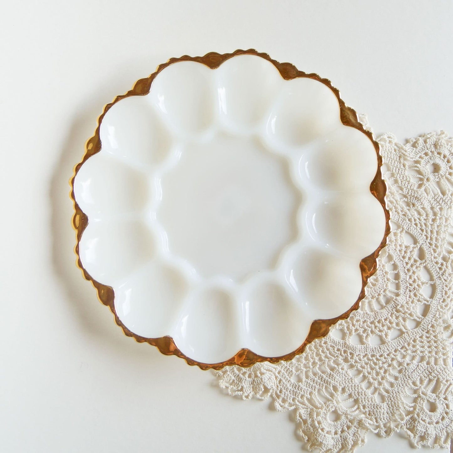 Vintage Fire King Anchor Hocking Deviled Egg Glassware with Scalloped Gold Rim Vintage Anchor HOcking Egg Tray, Vintage White and Gold Deviled Egg Plate