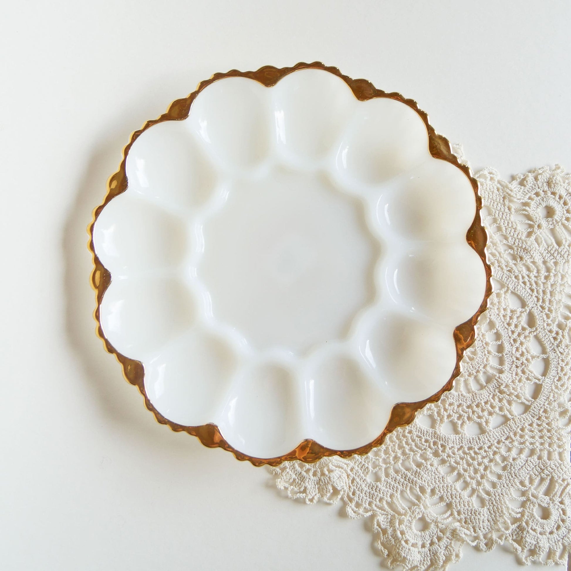 Vintage Fire King Anchor Hocking Deviled Egg Glassware with Scalloped Gold Rim Vintage Anchor HOcking Egg Tray, Vintage White and Gold Deviled Egg Plate