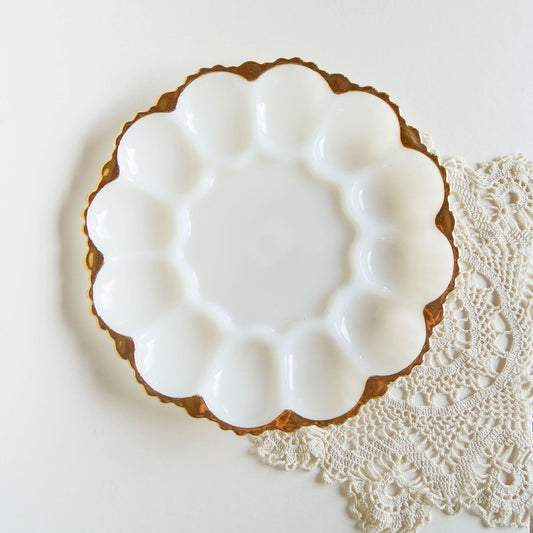 Vintage Fire King Anchor Hocking Deviled Egg Glassware with Scalloped Gold Rim Vintage Anchor HOcking Egg Tray, Vintage White and Gold Deviled Egg Plate
