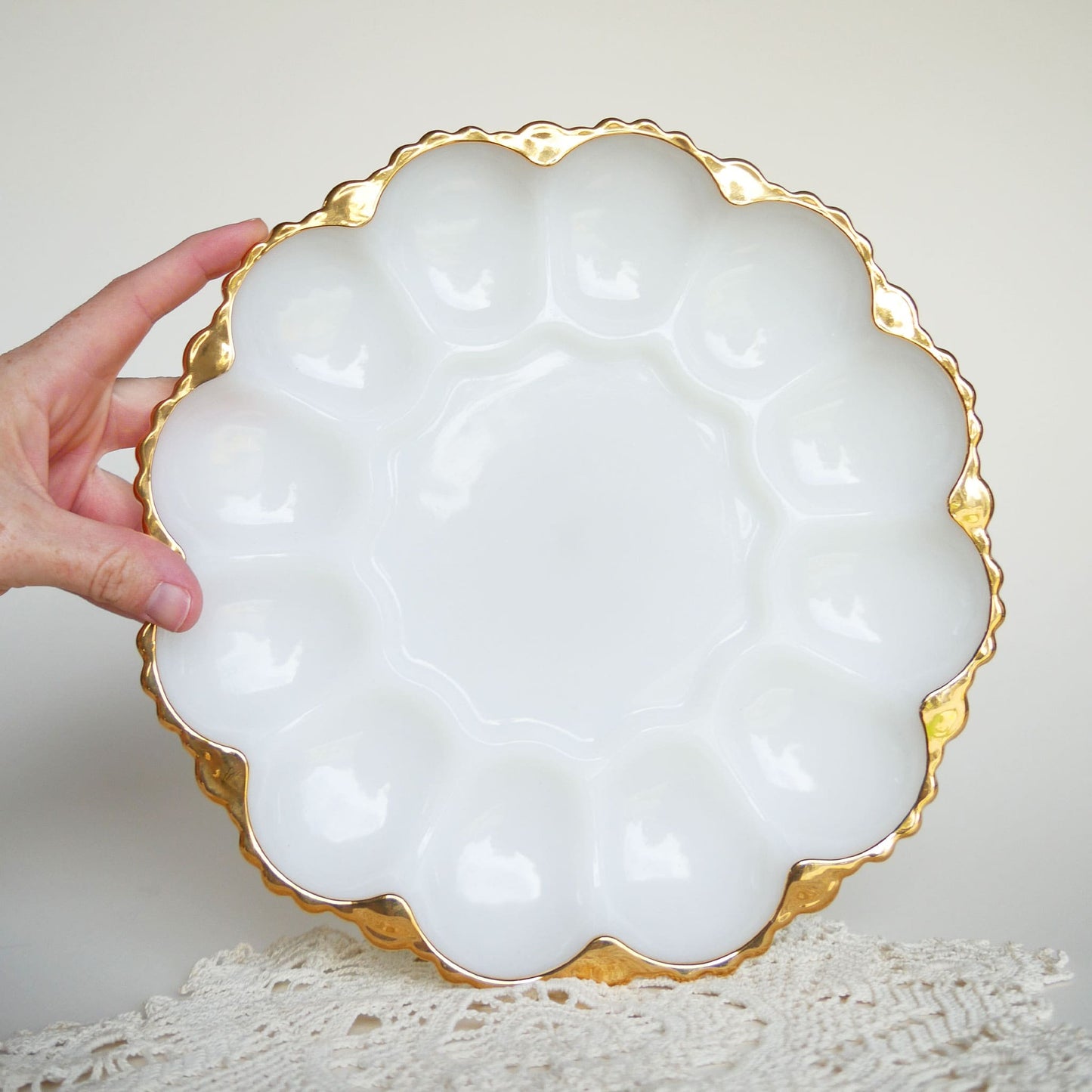 Vintage Fire King Anchor Hocking Deviled Egg Glassware with Scalloped Gold Rim Vintage Anchor HOcking Egg Tray, Vintage White and Gold Deviled Egg Plate