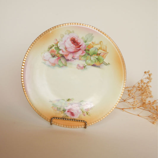 Vintage Yellow and Pink Rose Hand Painted Plate, BTG Germany Hand Painted Germany Yellow and Pink Rose Plate