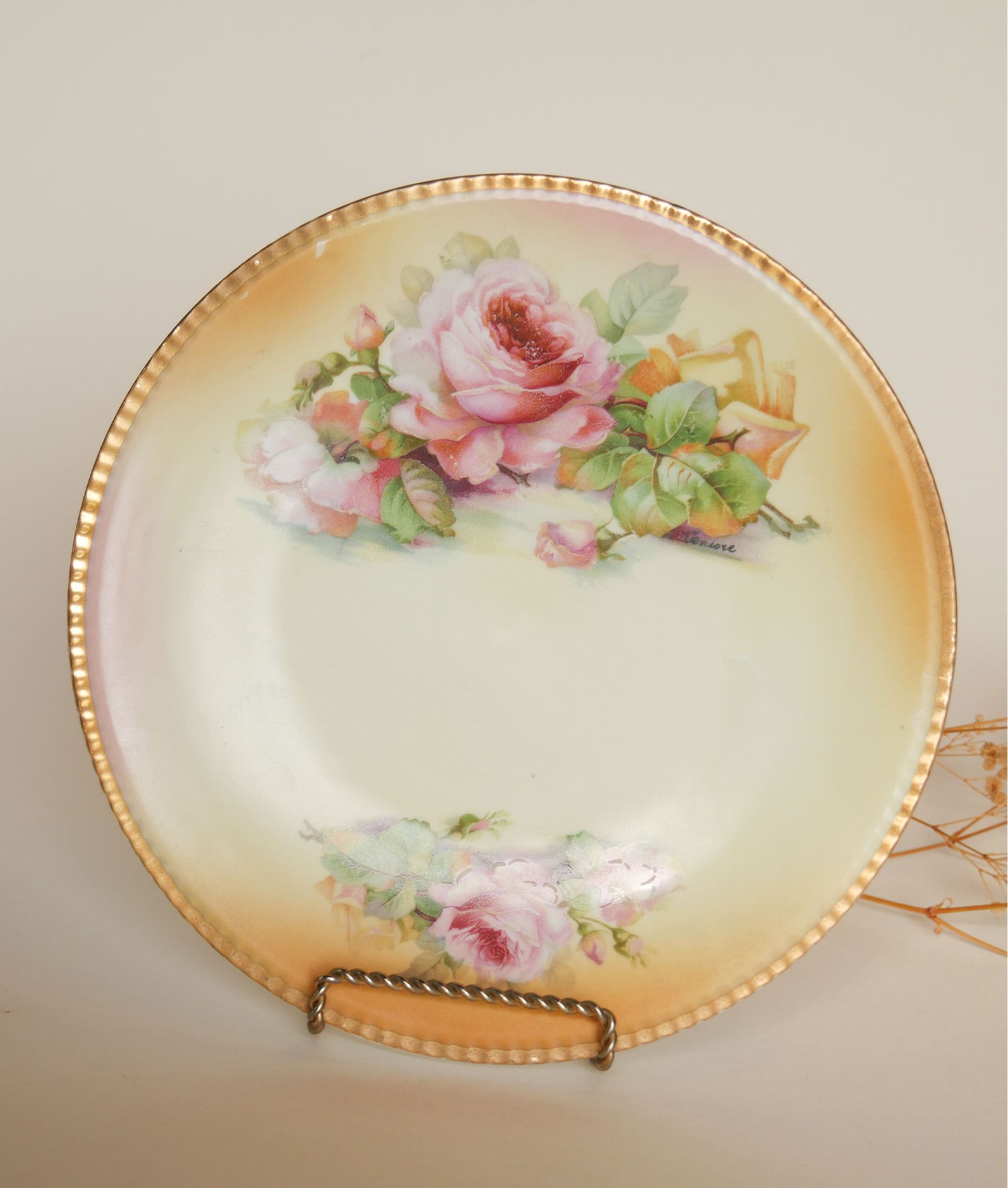 Vintage Yellow and Pink Rose Hand Painted Plate, BTG Germany Hand Painted Germany Yellow and Pink Rose Plate