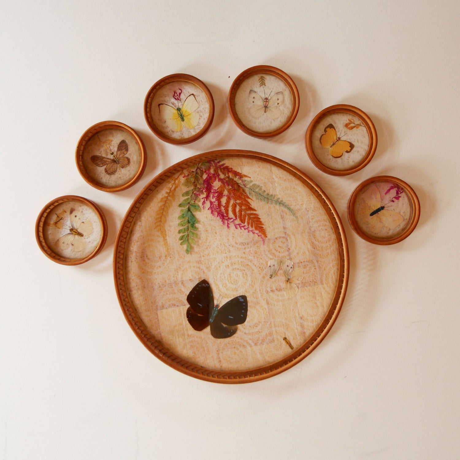 Vintage Bamboo Tray and Coasters with Pressed Florals and Butterflies, Vintage Bamboo Butterfly and Floral Tray, Vintage Butterfly Tray and Coaster, Vintage Butterfly and Floral Tray and Coasters