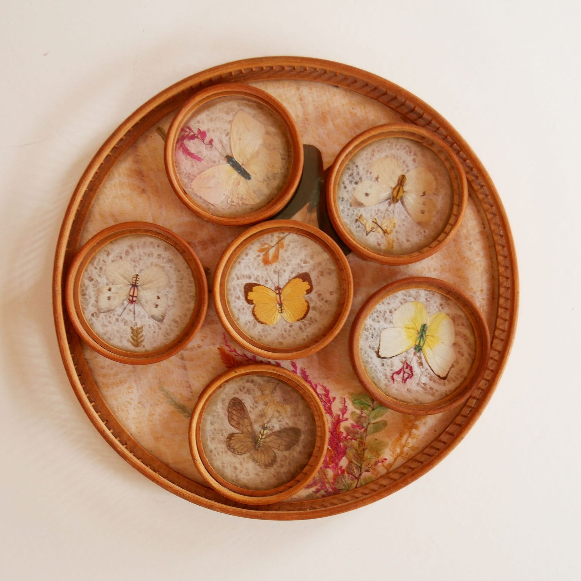 Vintage Bamboo Tray and Coasters with Pressed Florals and Butterflies, Vintage Bamboo Butterfly and Floral Tray, Vintage Butterfly Tray and Coaster, Vintage Butterfly and Floral Tray and Coasters