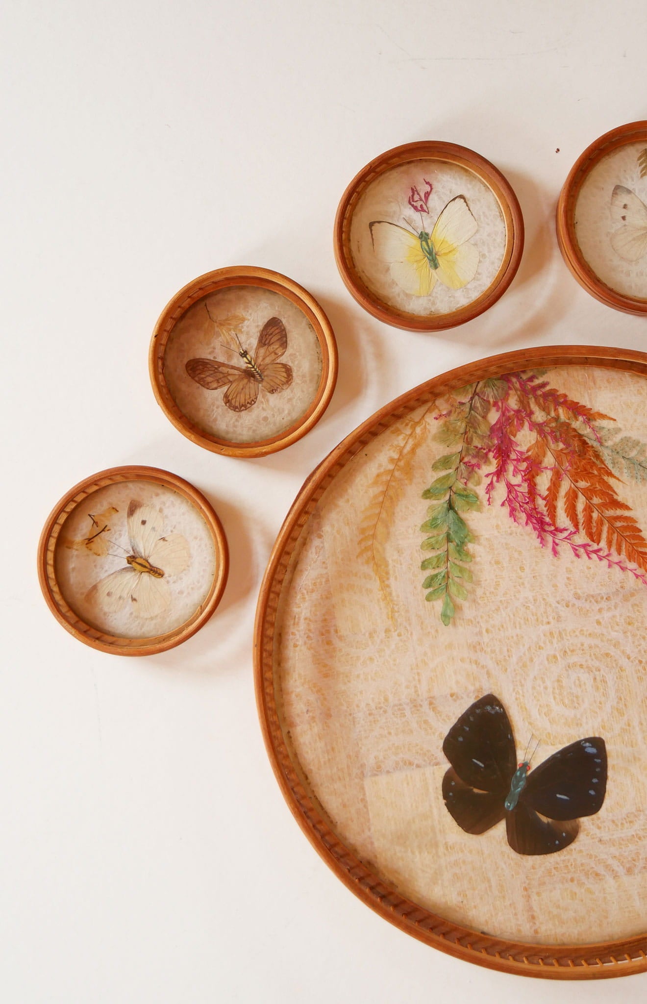 Vintage Bamboo Tray and Coasters with Pressed Florals and Butterflies, Vintage Bamboo Butterfly and Floral Tray, Vintage Butterfly Tray and Coaster, Vintage Butterfly and Floral Tray and Coasters
